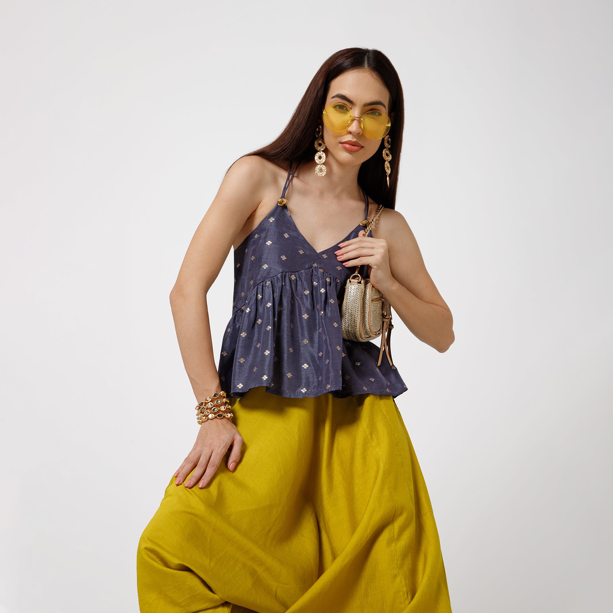 Blue Silk Brocade Spaghetti Top