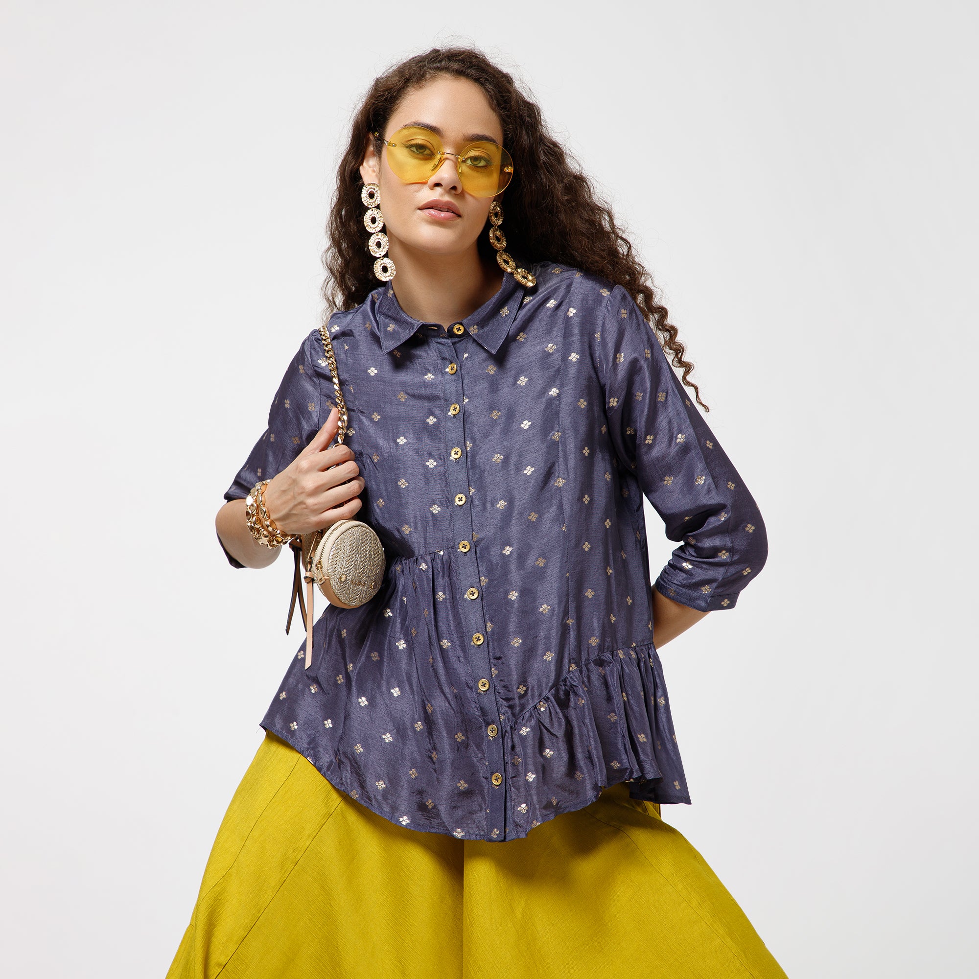 Blue Brocade Asymmetrical Peplum Top