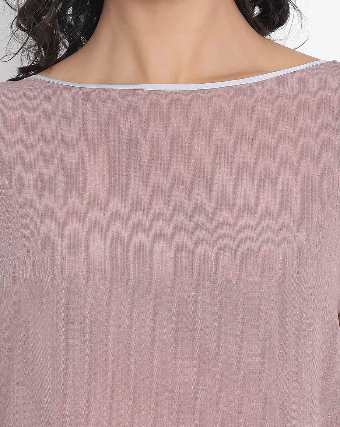 Rose Pink Boat Neck Top With Button Embroidery