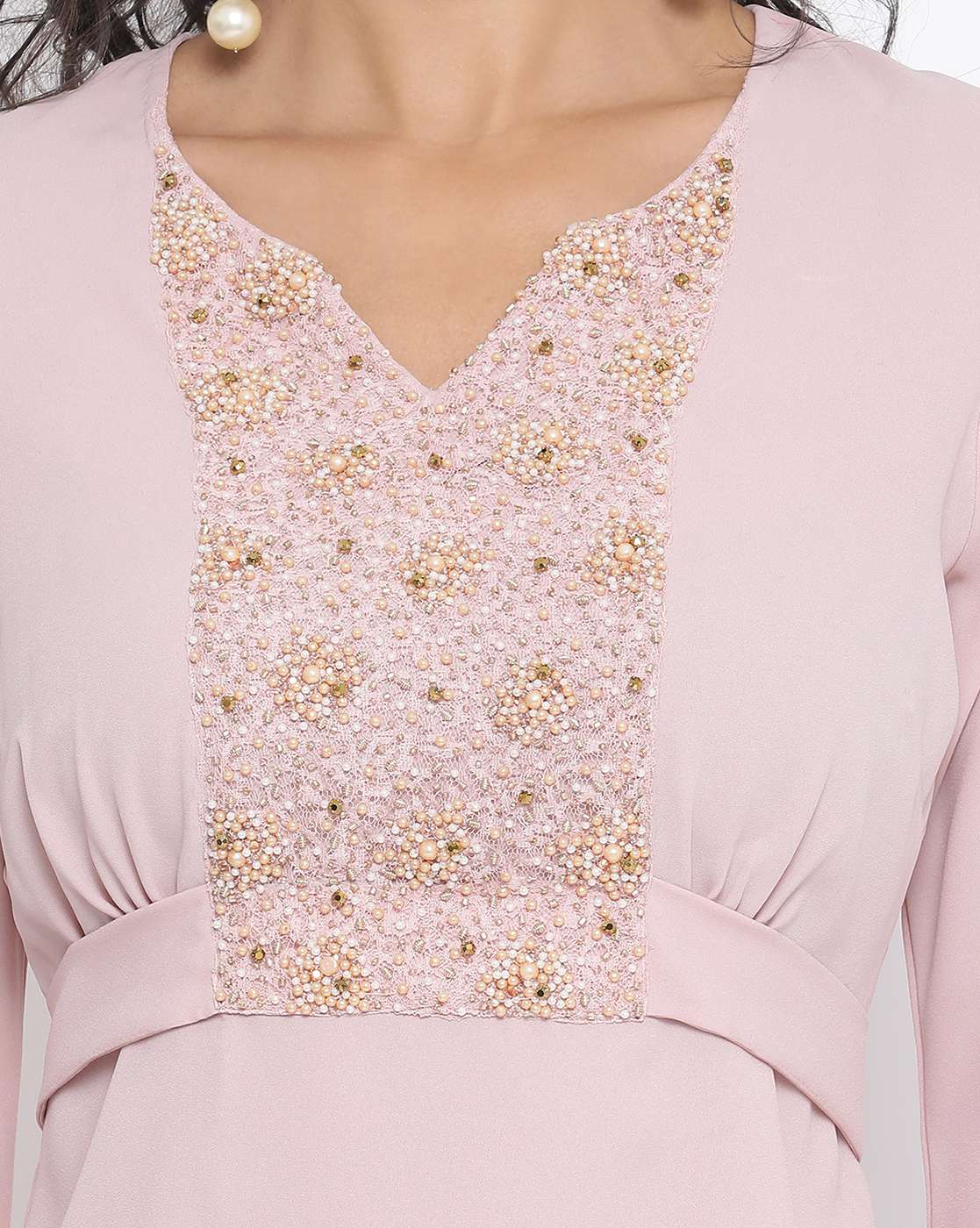 Pink Georgette Top With Emb. At Yoke With Back Tie Knot