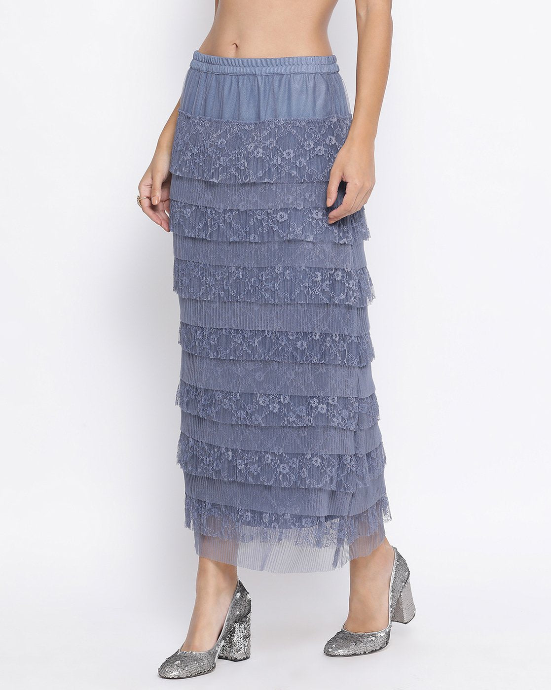 Stone Blue Lace Frill Net Skirt for Women-2