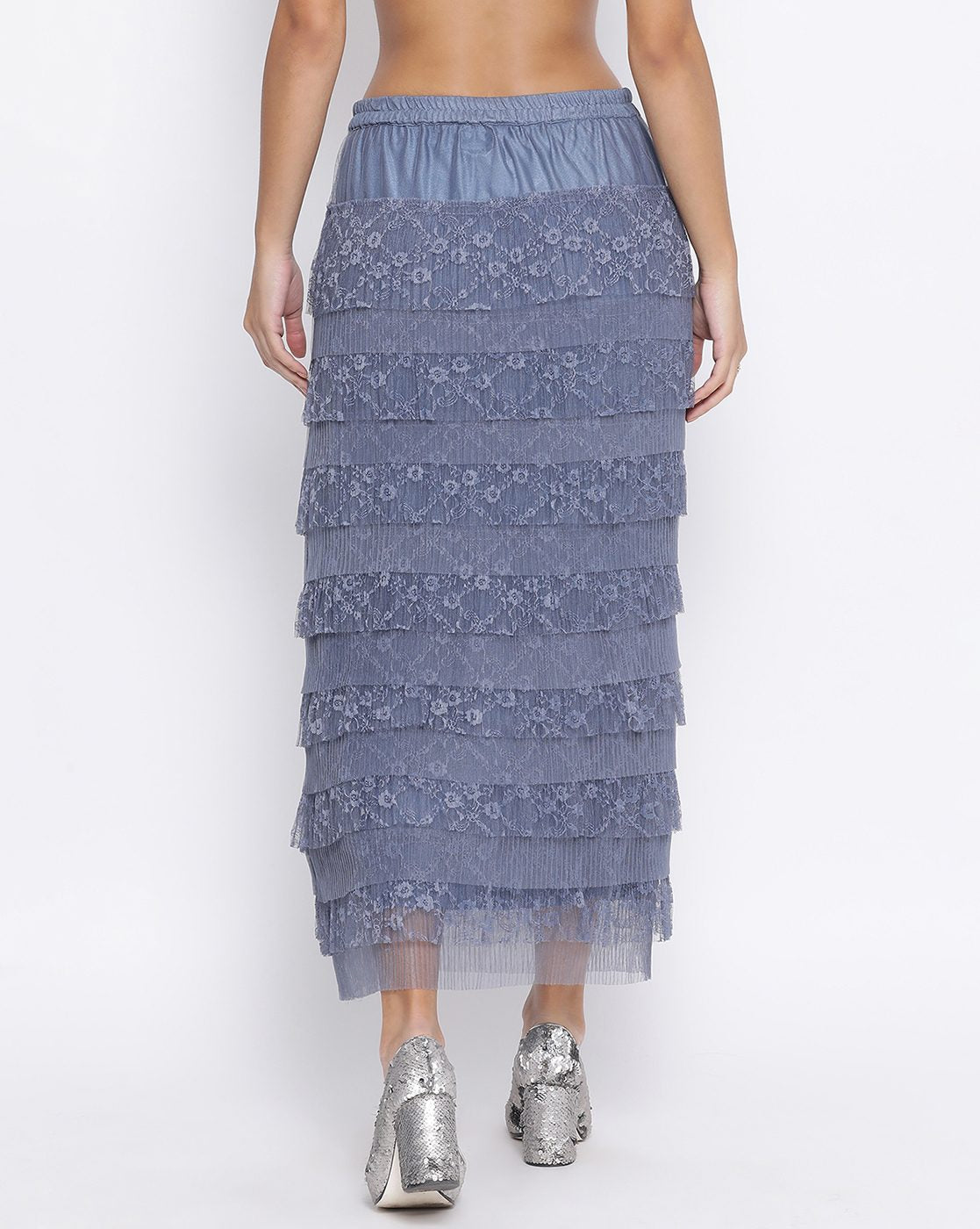 Stone Blue Lace Frill Net Skirt for Women-3