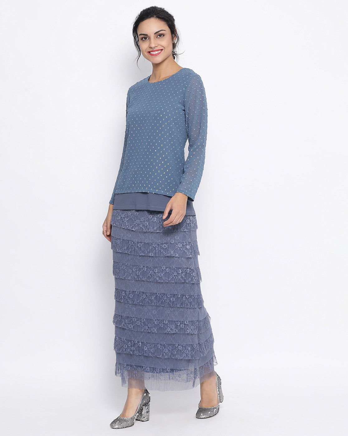 Stone Blue Lace Frill Net Skirt for Women-4