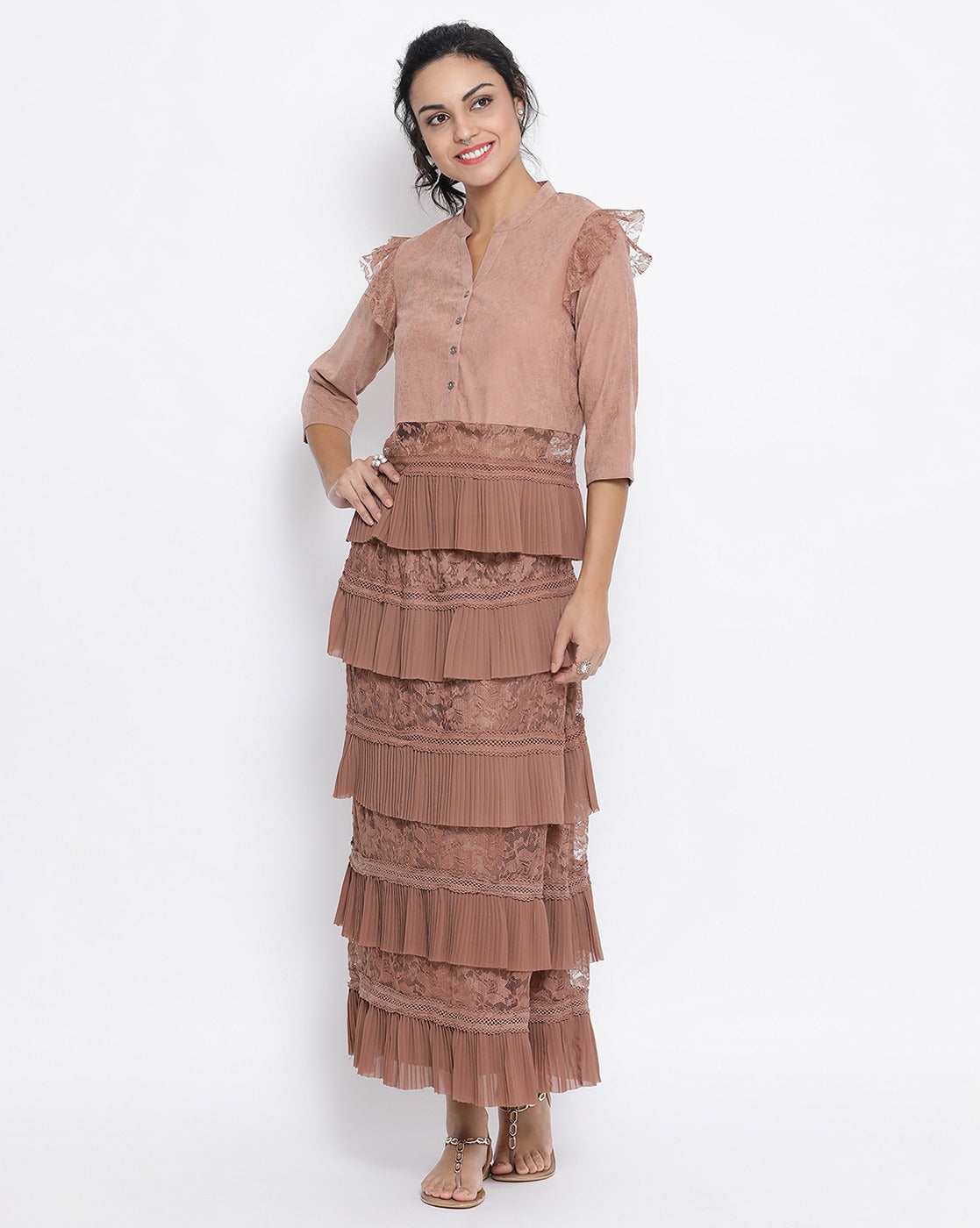Buy Rust Flower Net Frill Skirt for Women -4