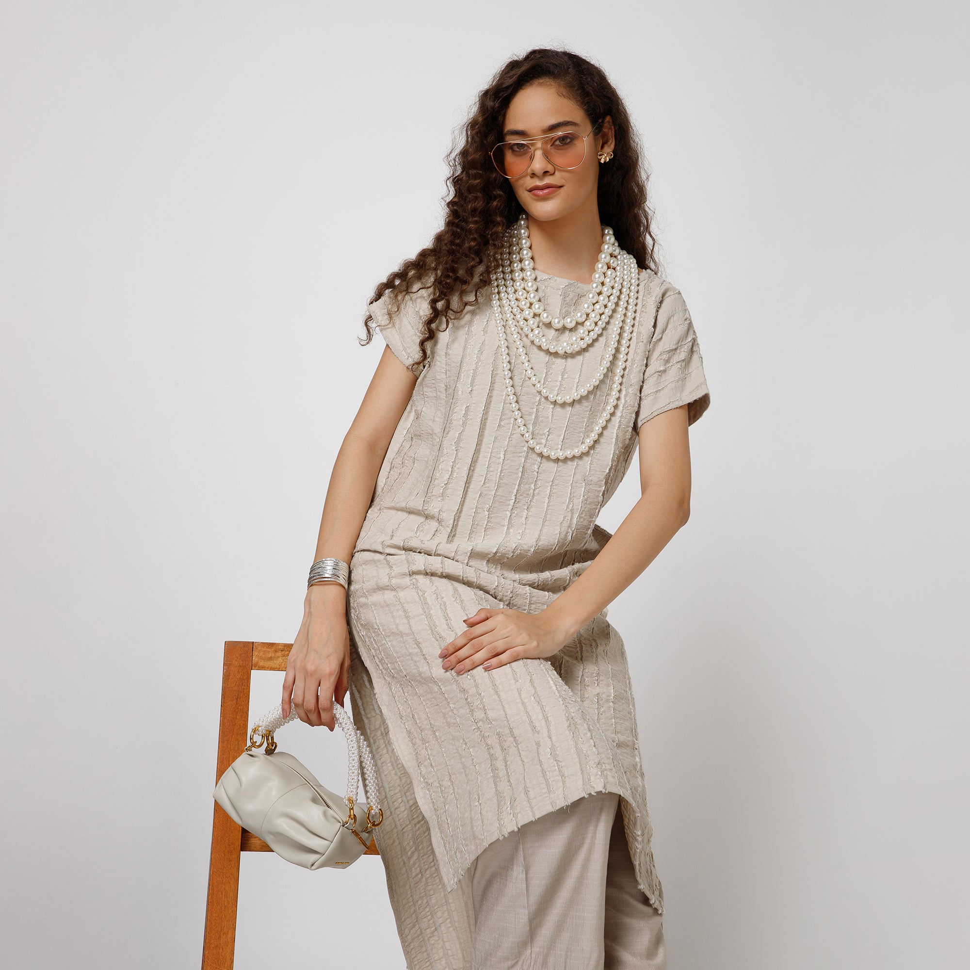 Beige Patch Textured Kurta