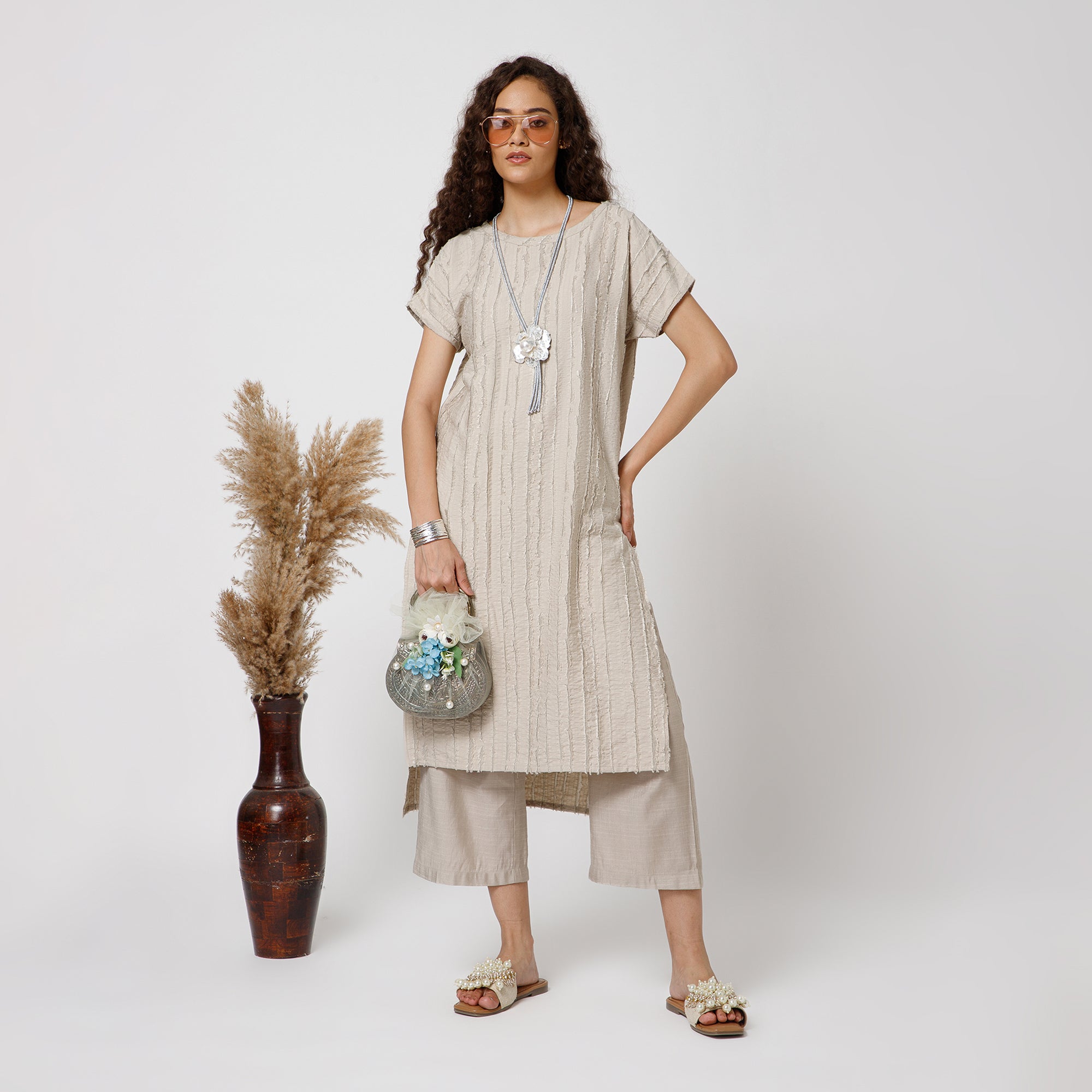Beige Patch Textured Kurta