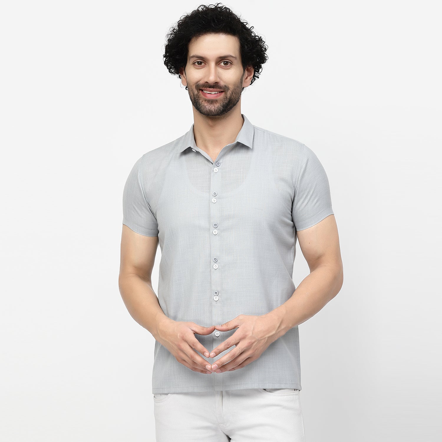 Half Sleeve Men Shirt with Light Blue Lining