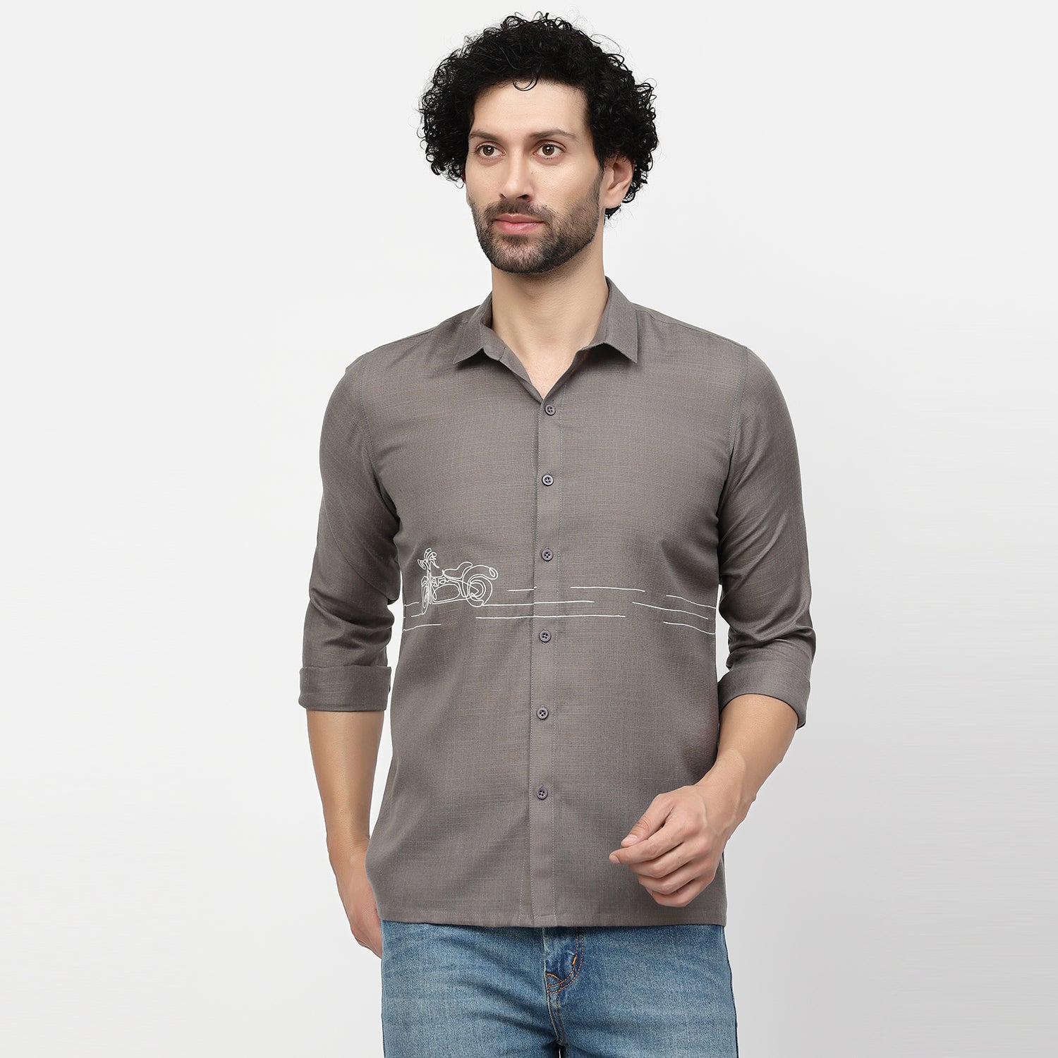 Linen Shirt for Men with Bike Embroidery