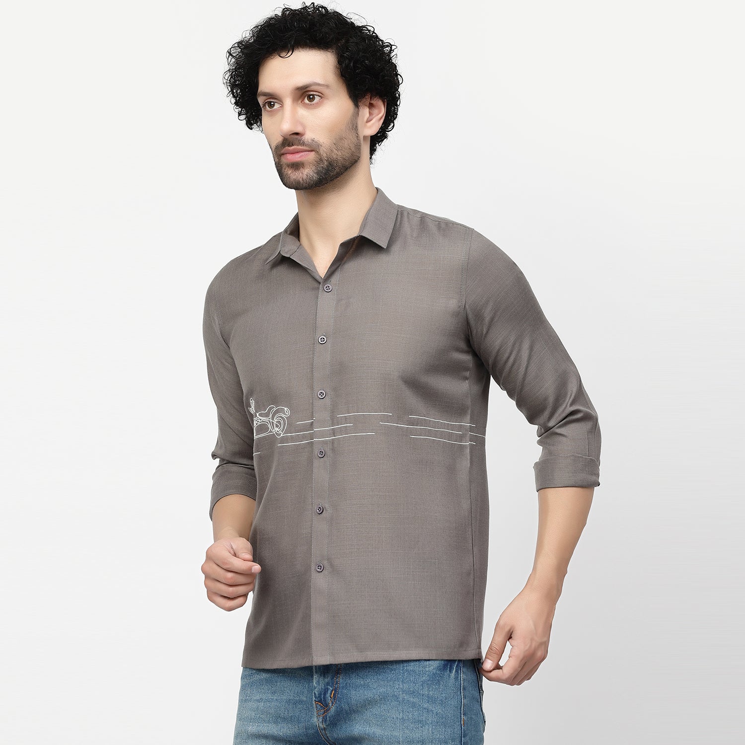 Linen Shirt for Men with Bike Embroidery-1