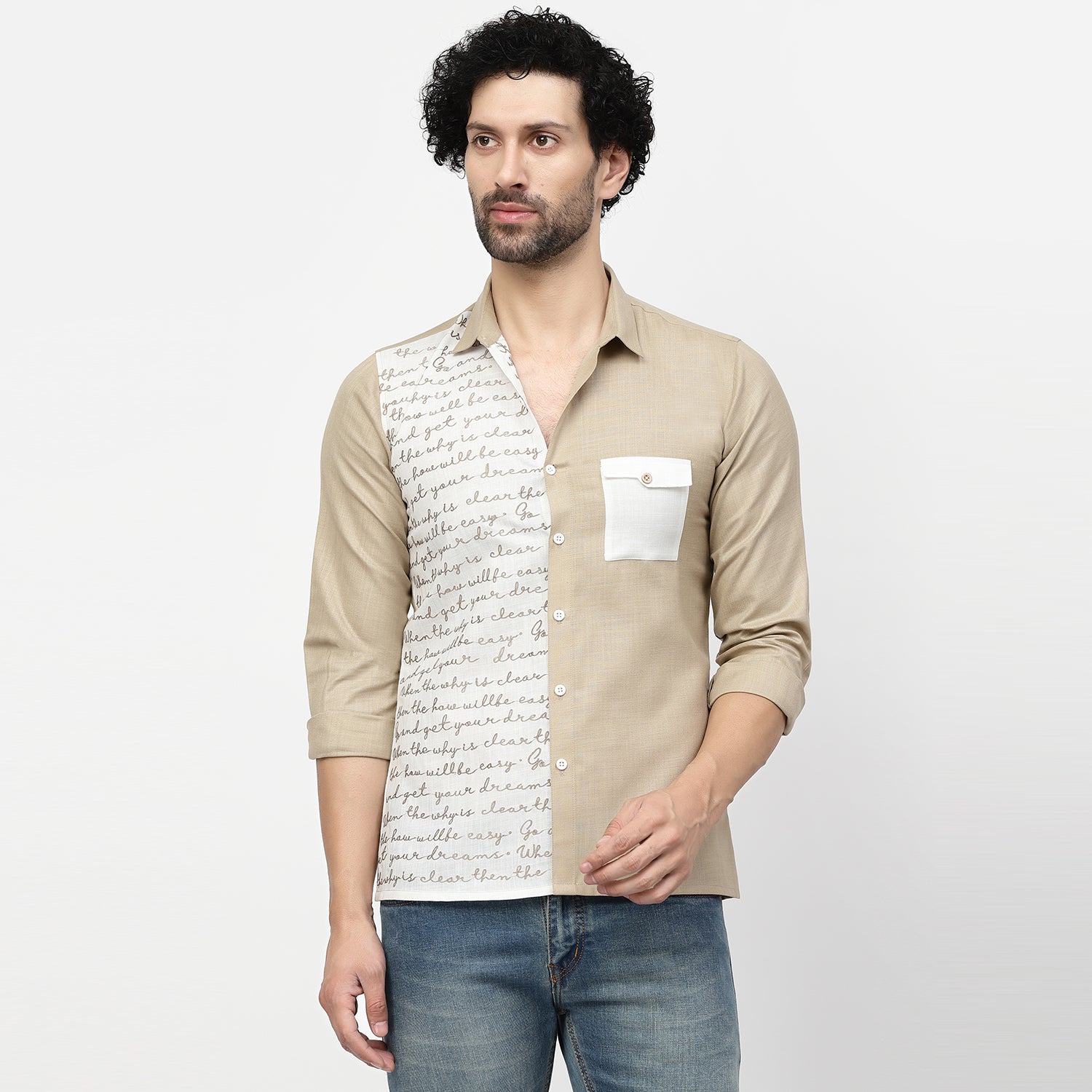 Linen Shirt for Men with Embroidered Calligraphy