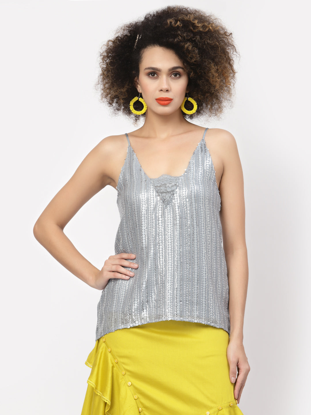 Silver Sequins Spaghetti Top With Lace At Neck