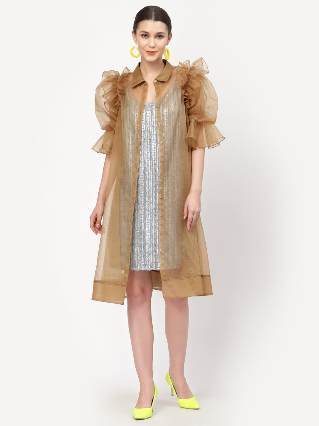 Beige Organza Jacket With Puff Sleeves