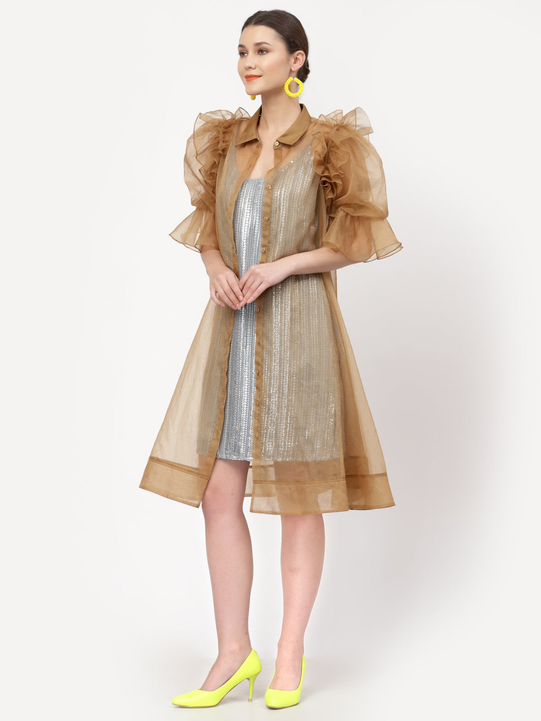 Beige Organza Jacket With Puff Sleeves