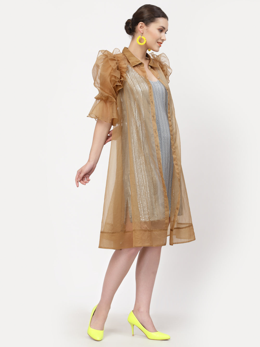 Beige Organza Jacket With Puff Sleeves
