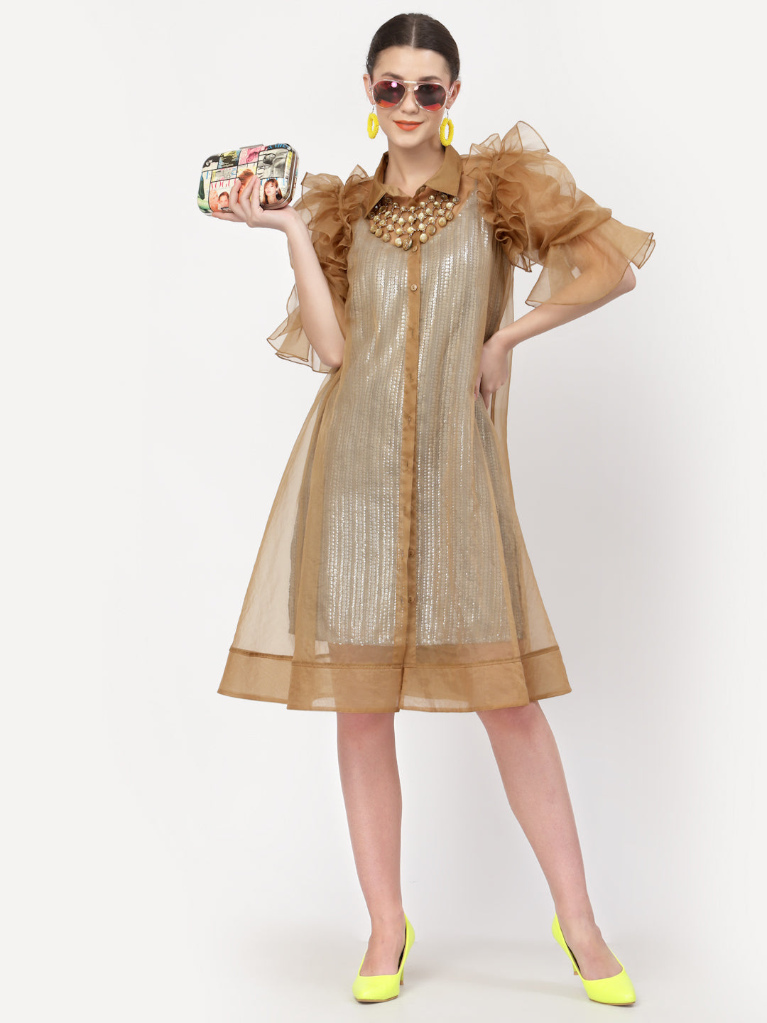 Beige Organza Jacket With Puff Sleeves