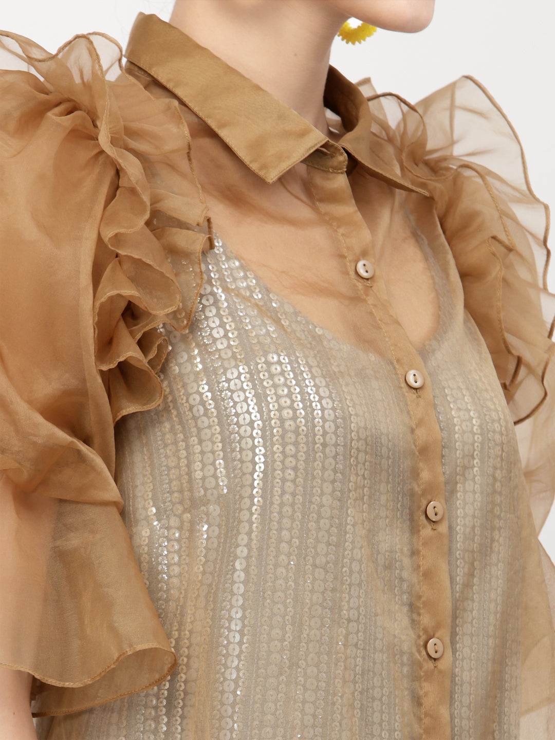 Beige Organza Jacket With Puff Sleeves