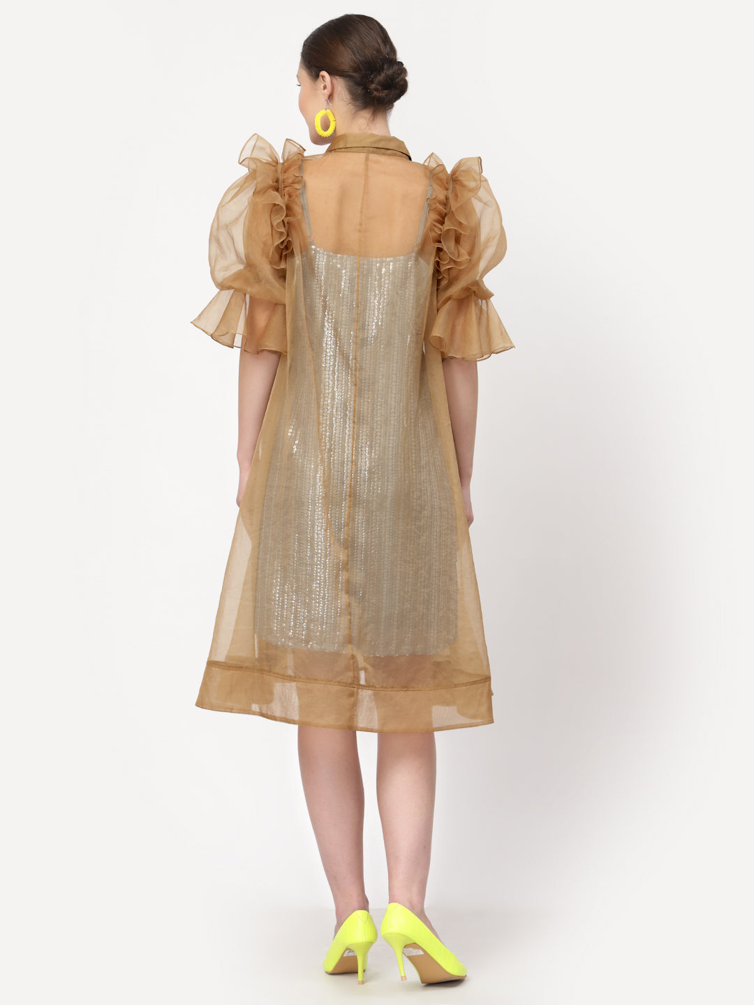 Beige Organza Jacket With Puff Sleeves