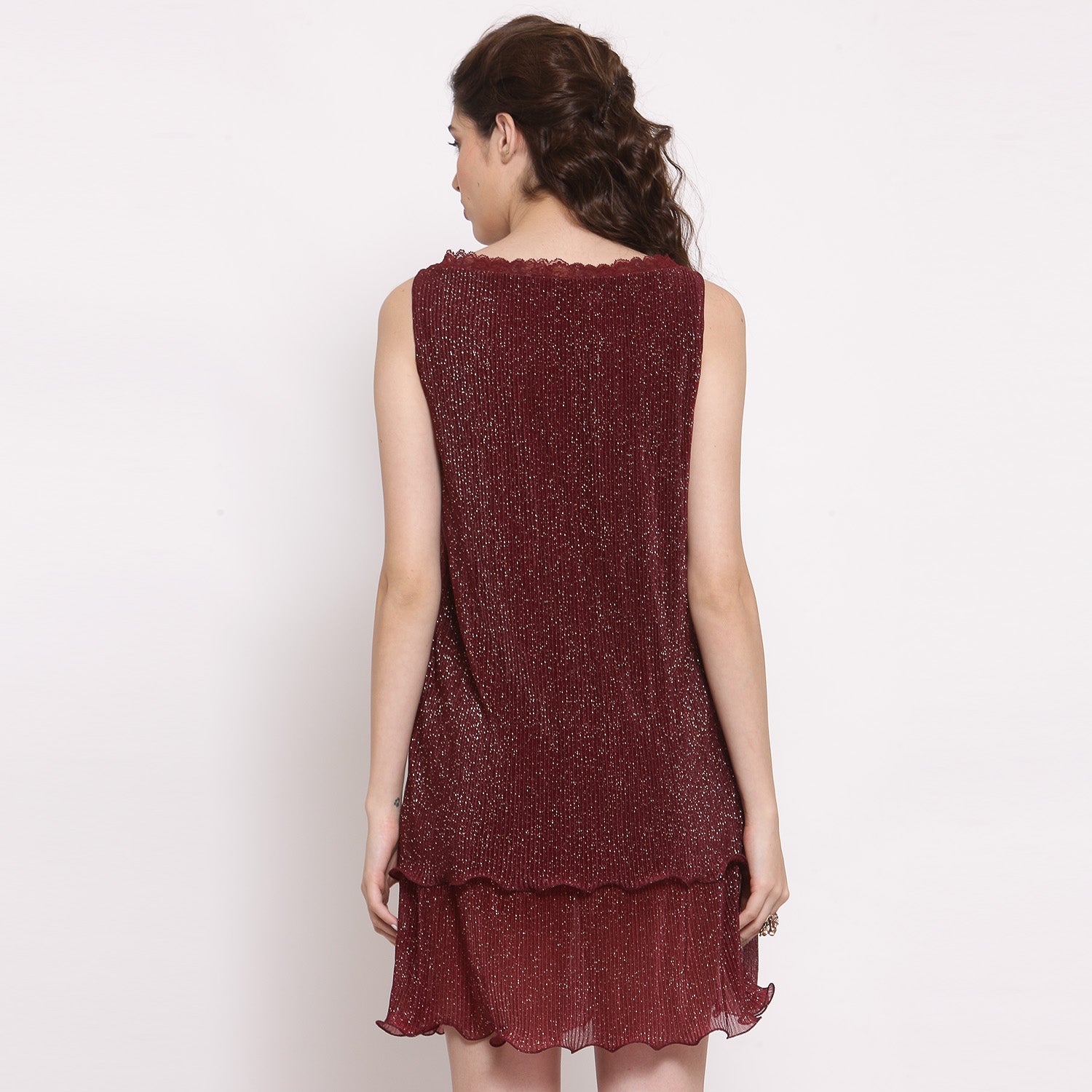 Maroon Plisse Double Layered Dresses for Women-5