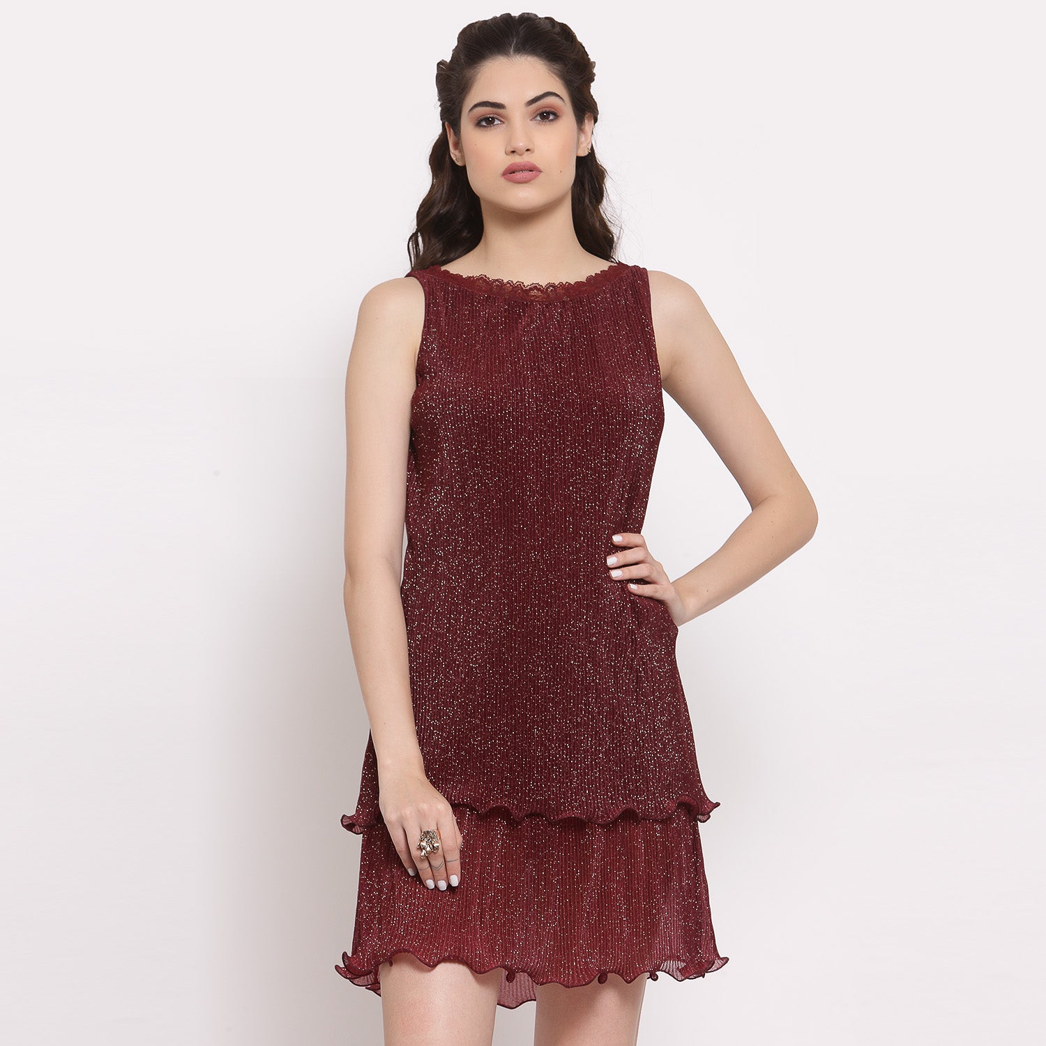 Maroon Plisse Double Layered Dresses for Women