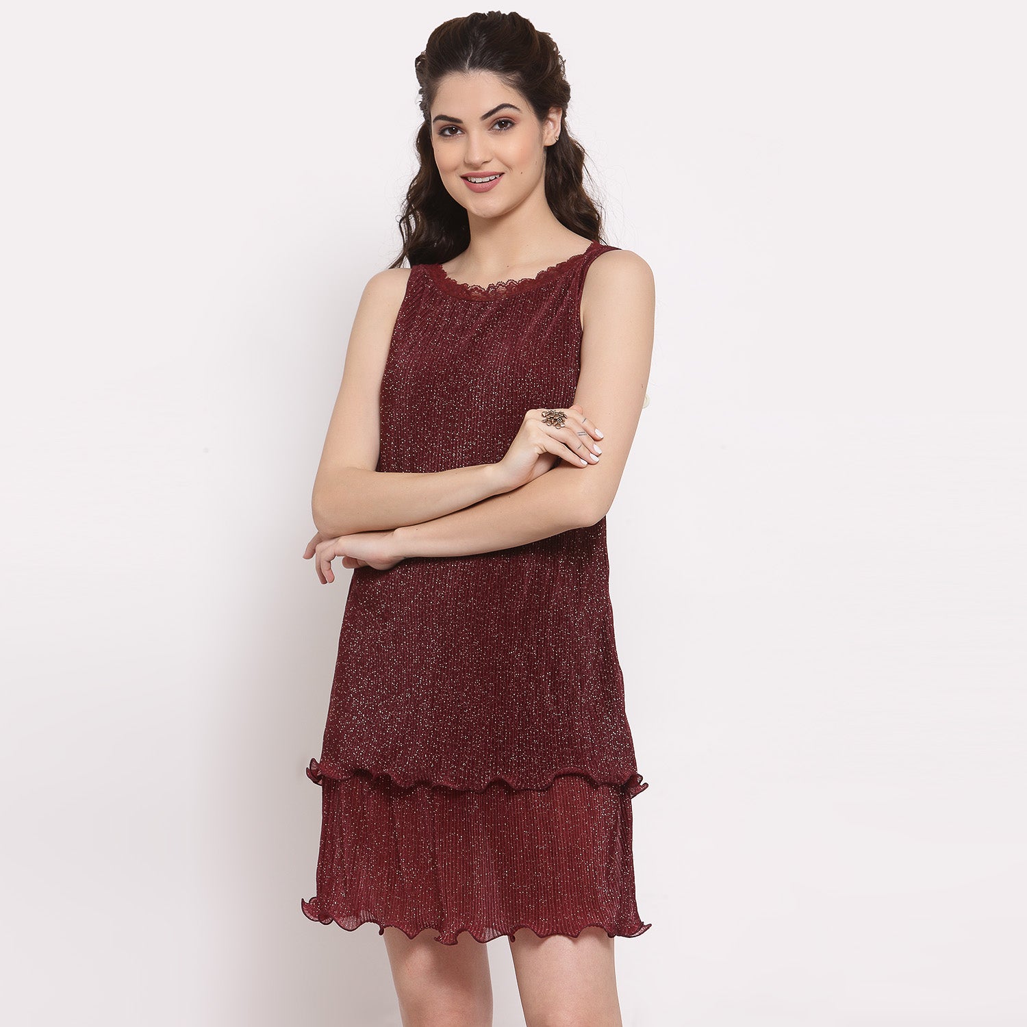 Maroon Plisse Double Layered Dresses for Women-3