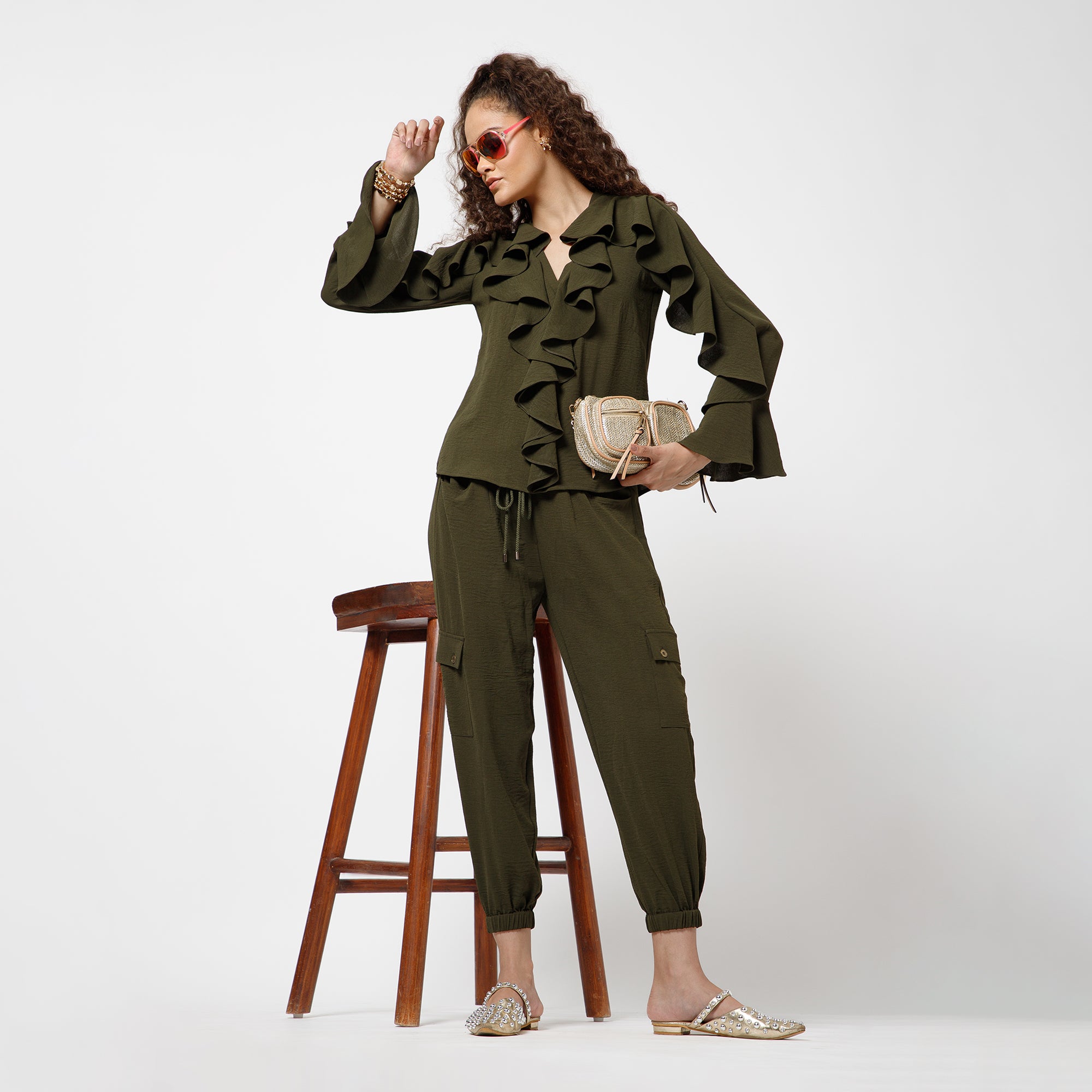 Green Crepe Pant With Bottom Elastic