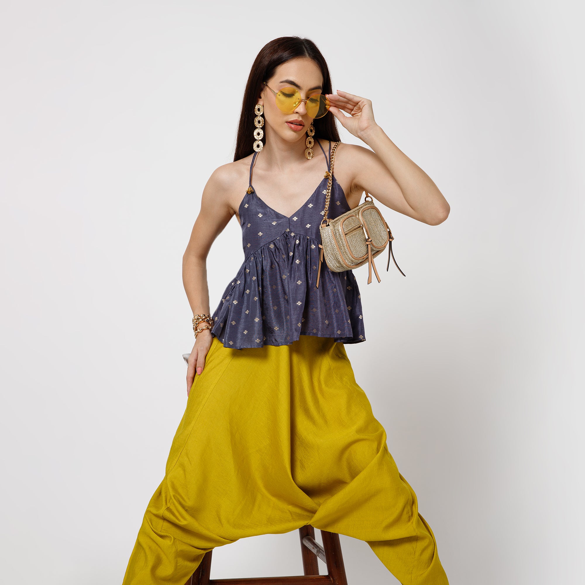 Blue Silk Brocade Spaghetti Top