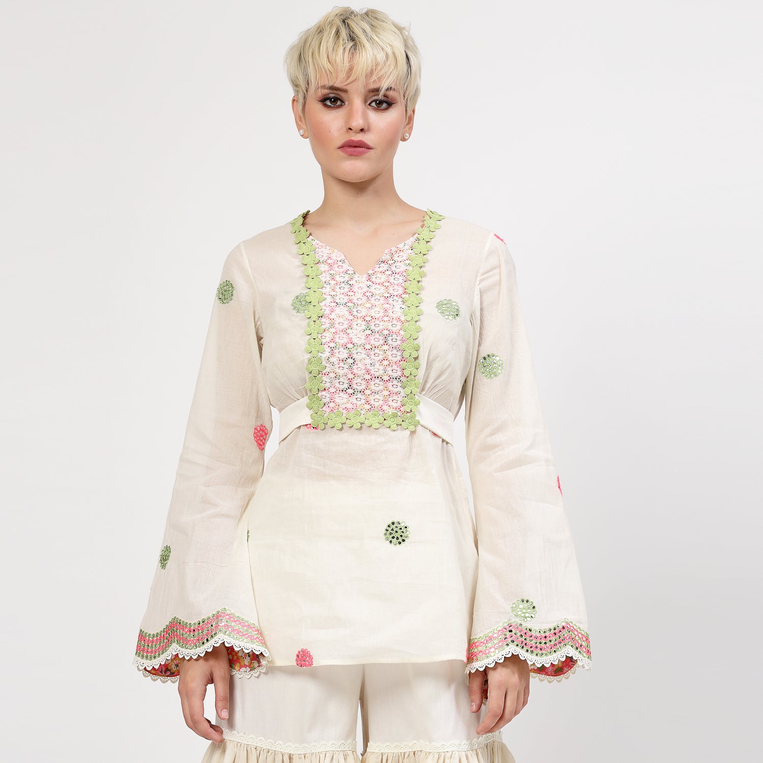 Off-White Cotton Mirror Embroidered Top with Lace