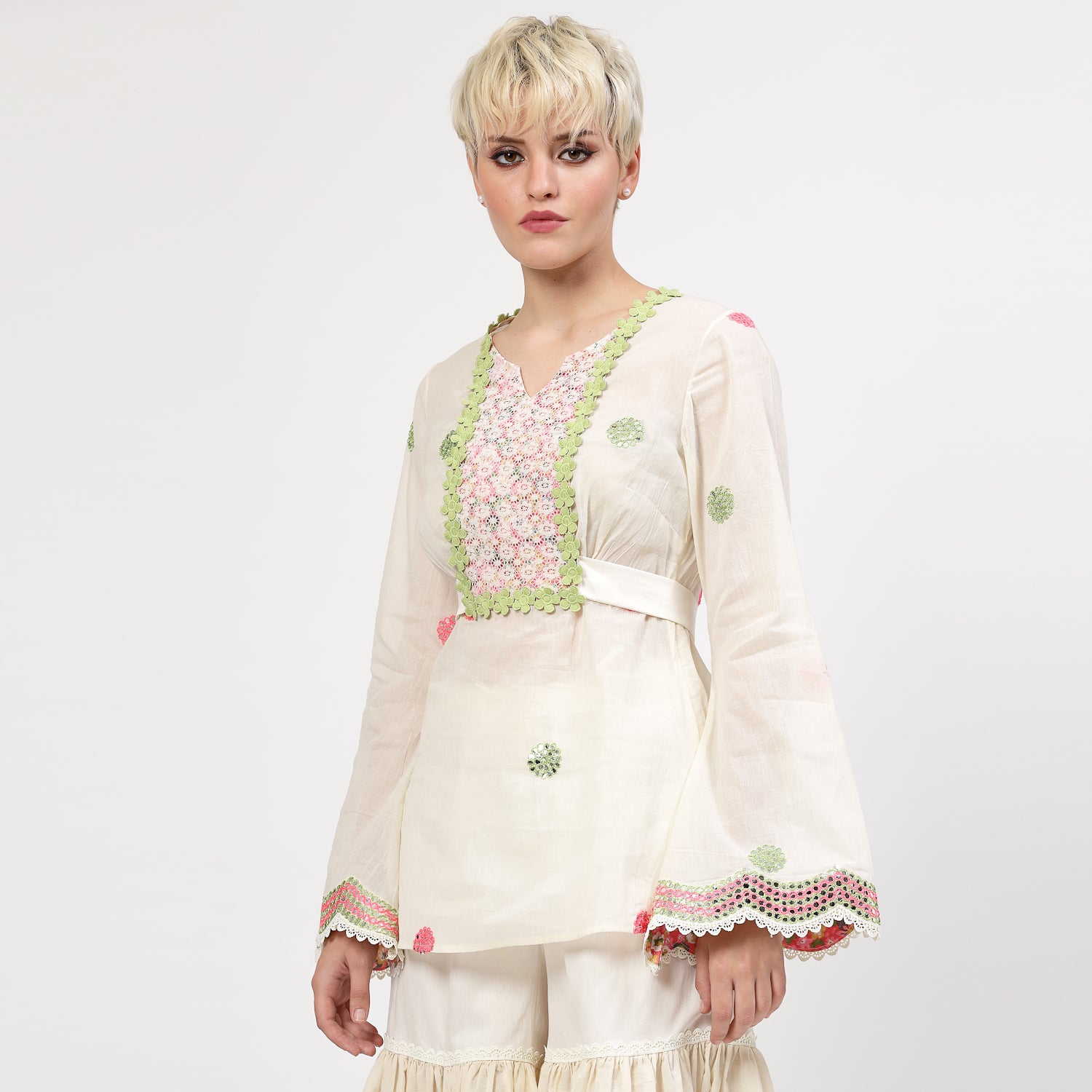 Off White Cotton Mirror Embroidery Top With Flower Net Lace At Yoke, tops for women, crop top, crop tops for women, organza tops