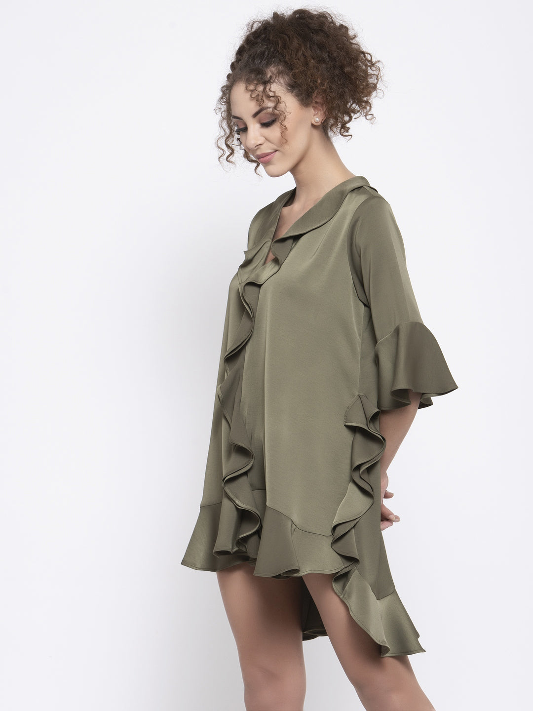 Olive Satin Frill Dress, Mesh Dress , Party dress , Holographic print dress , sequins dress