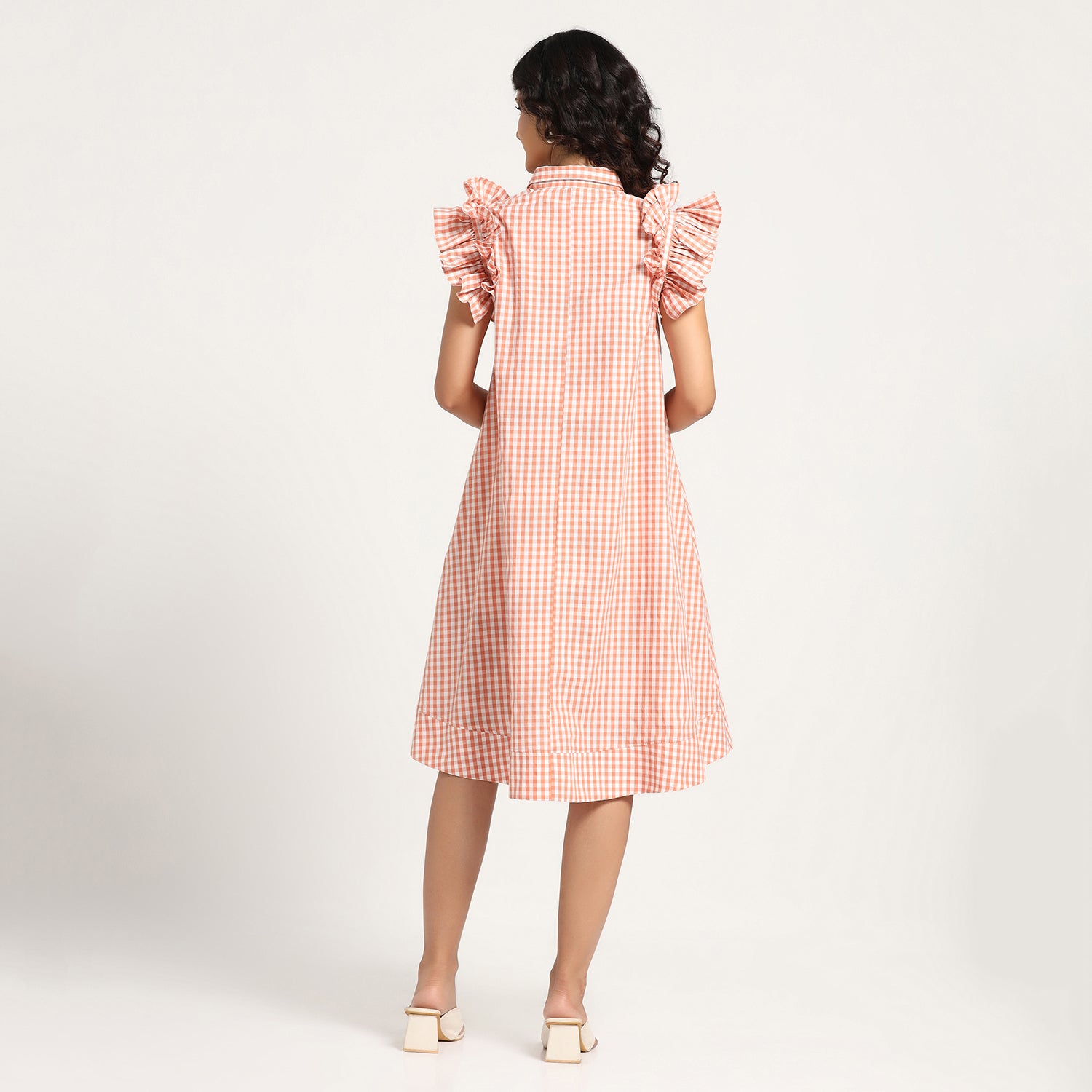 Peach Check Maple Leaf Embroidery Dress, dresses for women, Party dress , Holographic print dress , sequins dress