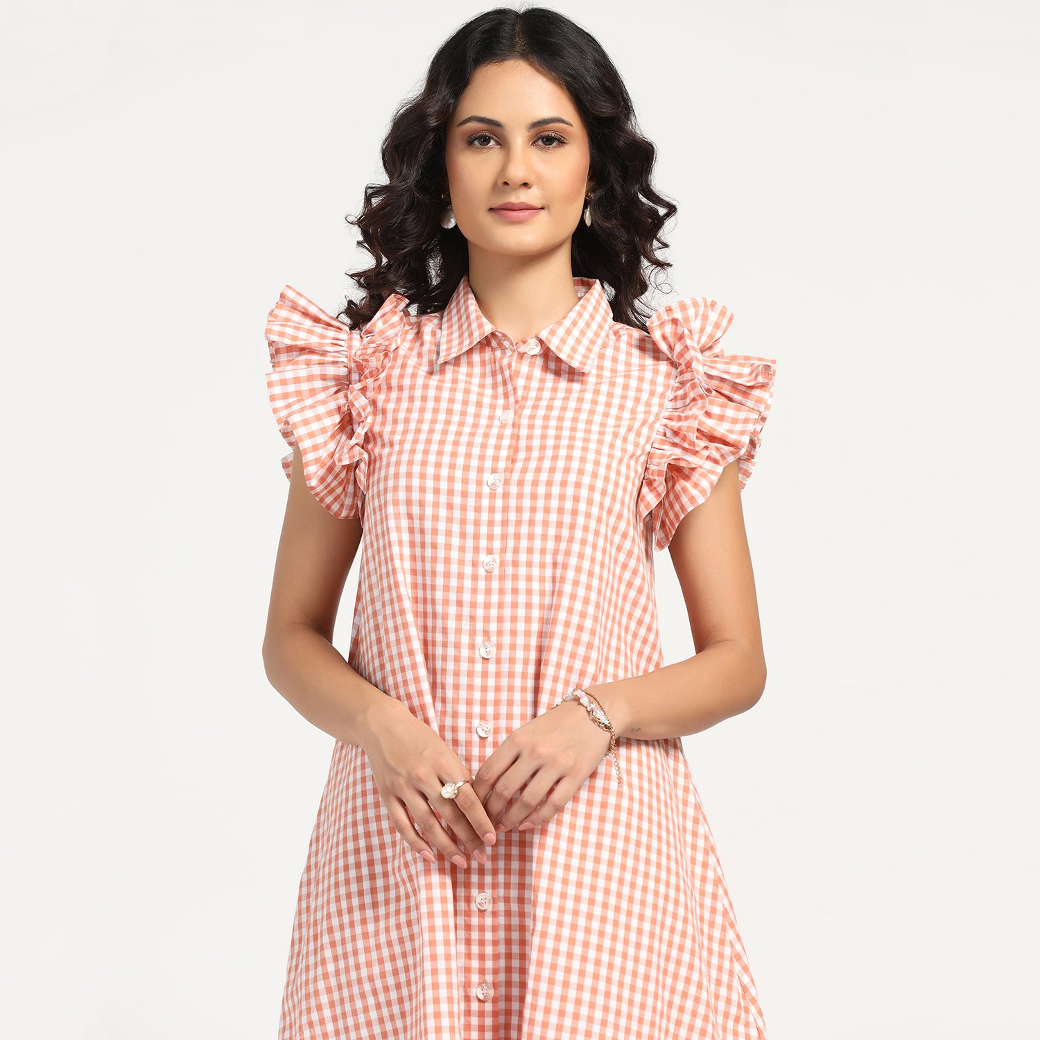 Peach Check Maple Leaf Embroidery Dress, dress for women, party wear dress, design, one piece dress, dress