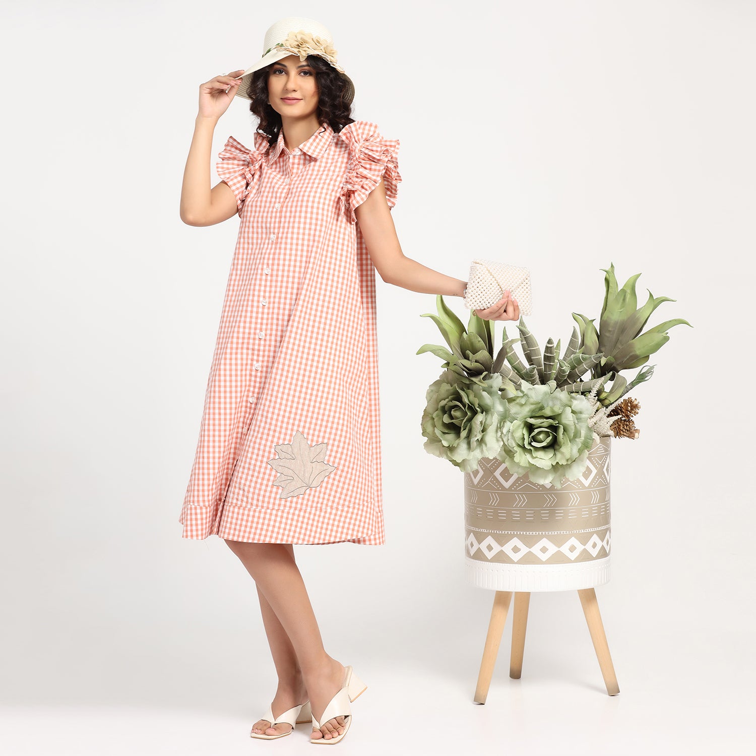 Peach Check Maple Leaf Embroidery Dress, dresses for women, Party dress , Holographic print dress , sequins dress
