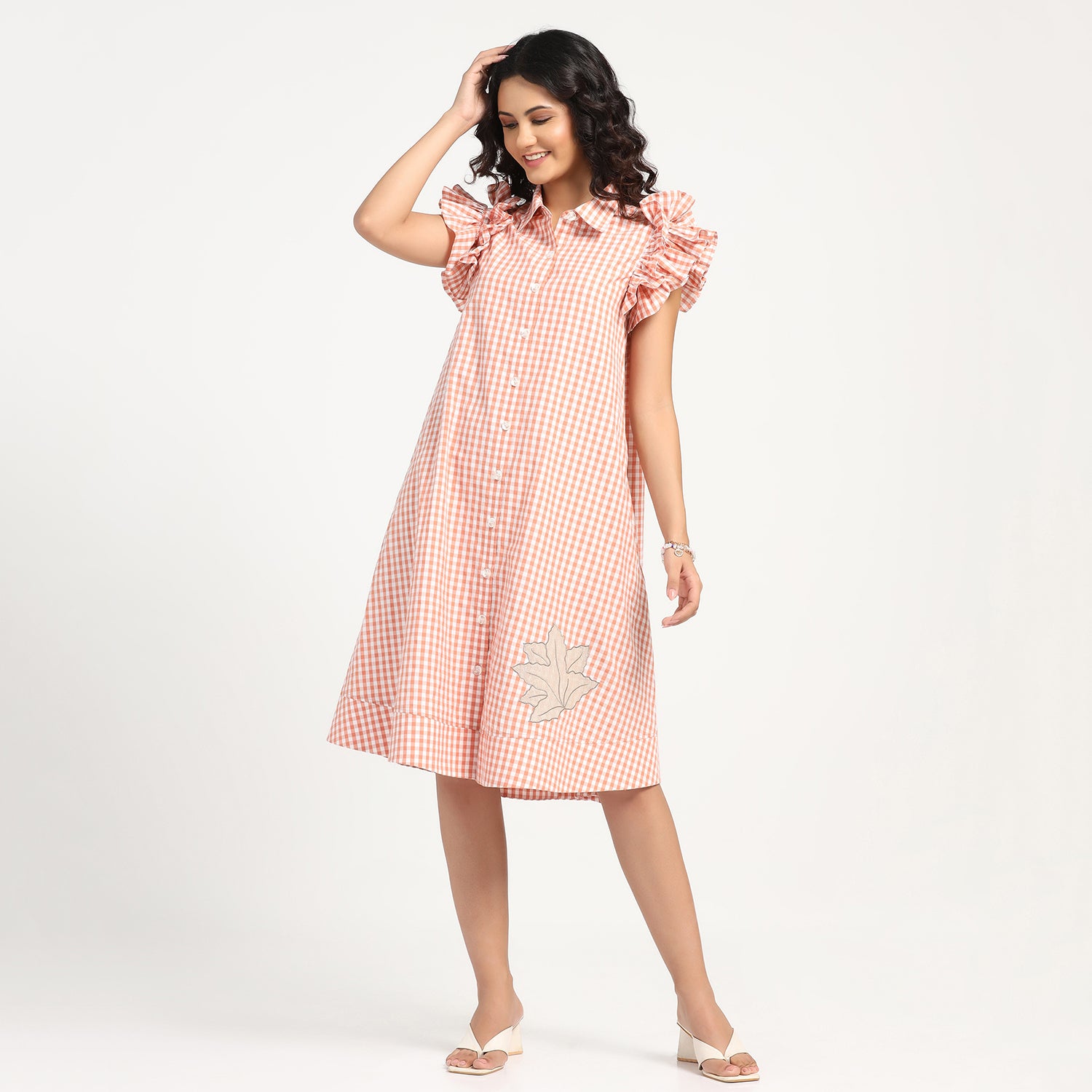 Peach Check Maple Leaf Embroidery Dress, dresses for women, Party dress , Holographic print dress , sequins dress