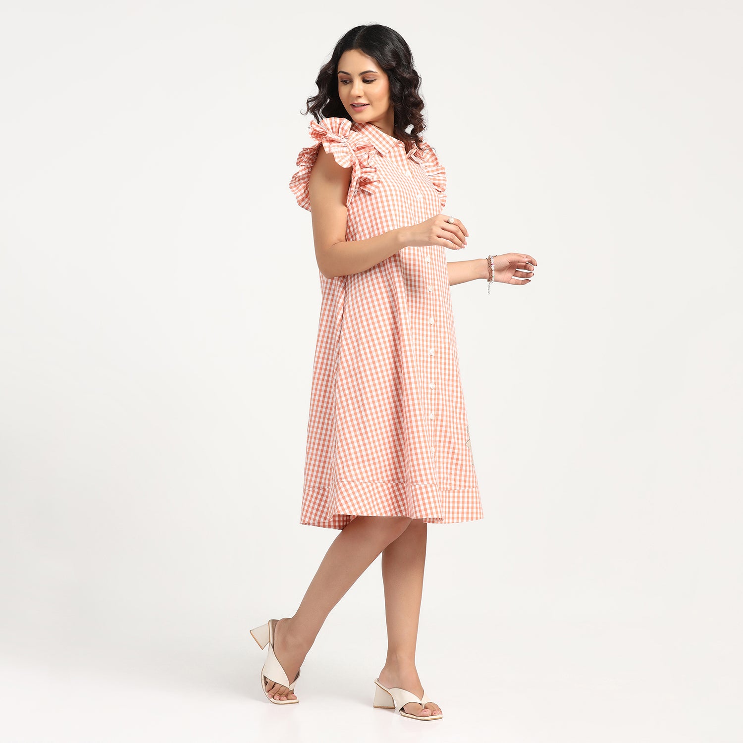 Peach Check Maple Leaf Embroidery Dress, dresses for women, Party dress , Holographic print dress , sequins dress
