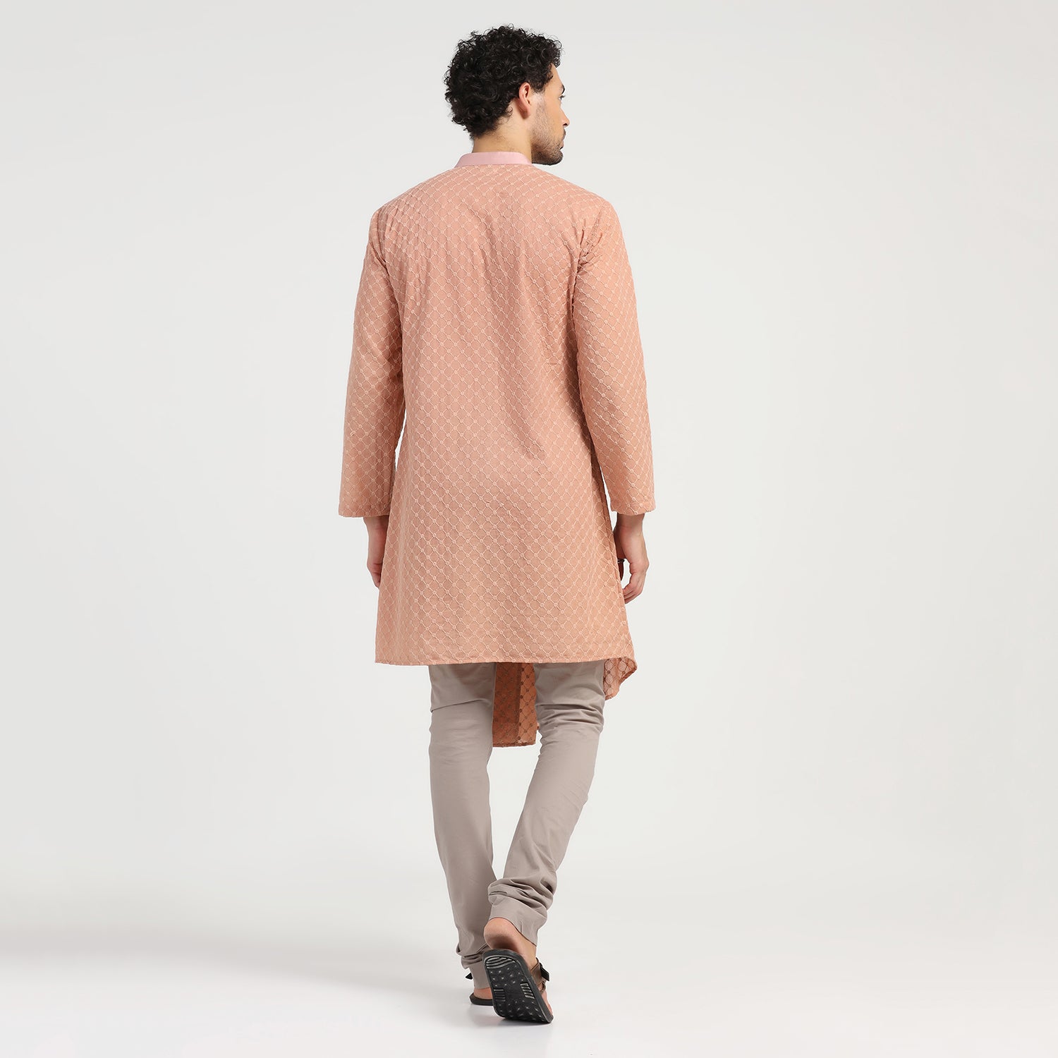 Peach Schiffle Pleated Kurta for Men-3