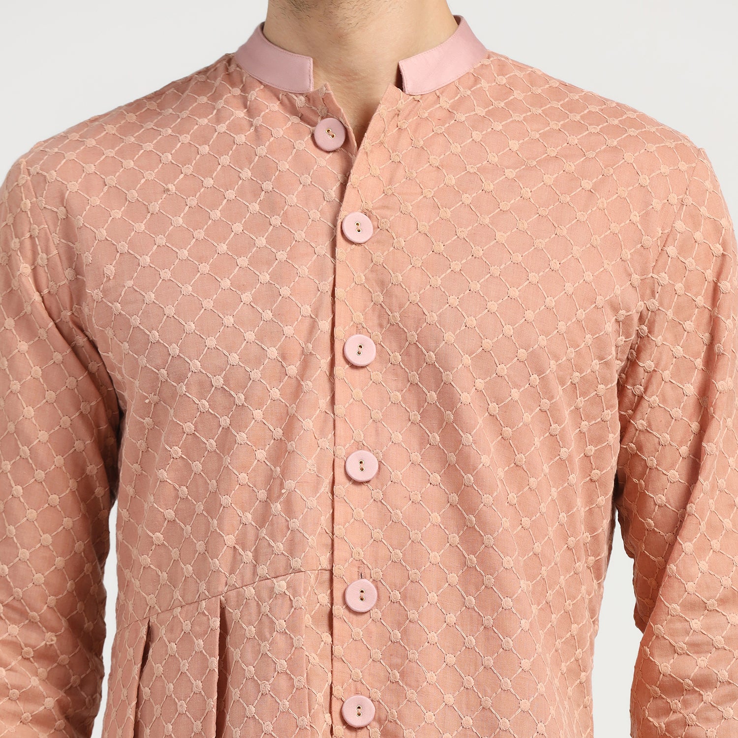 Peach Schiffle Pleated Kurta for Men-4