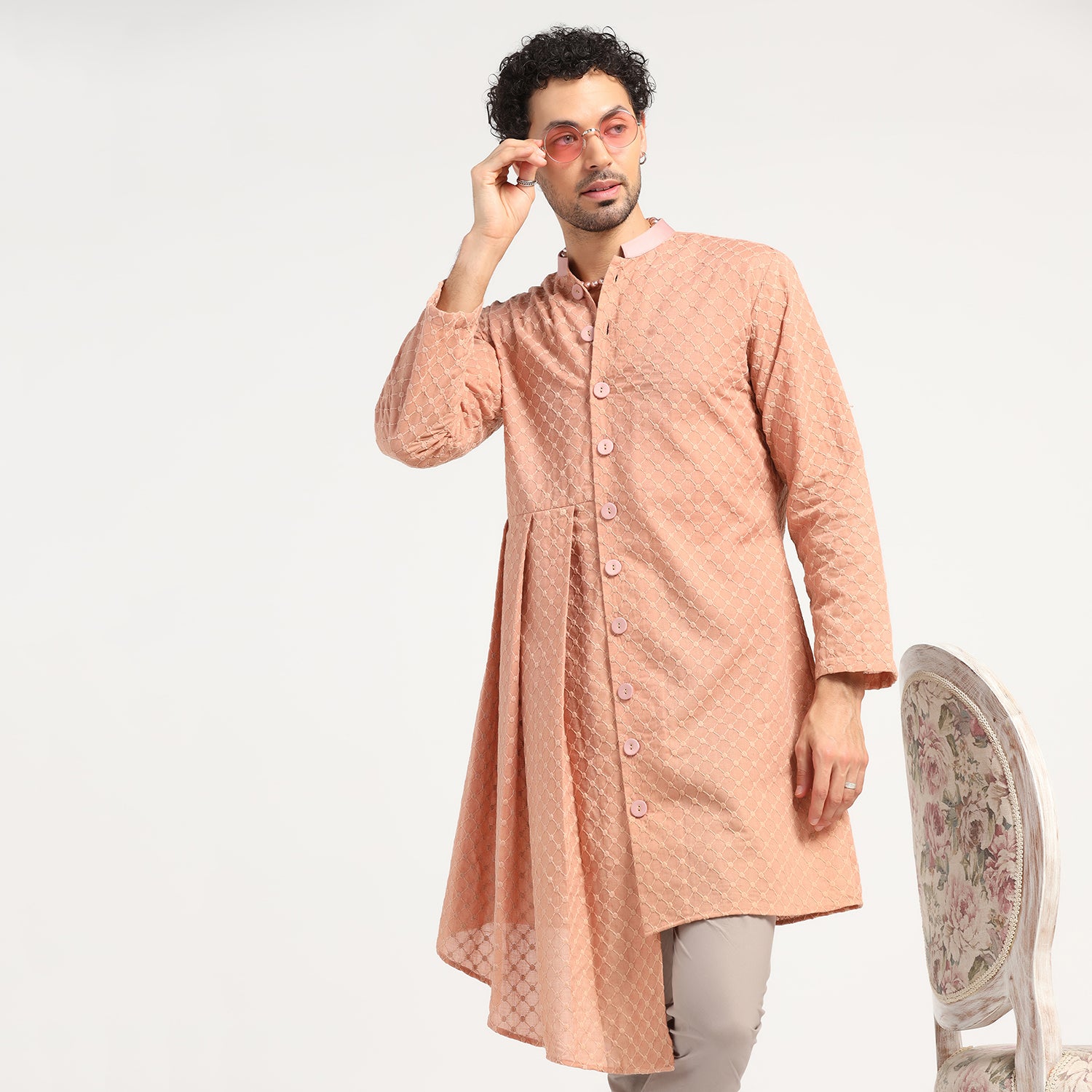 Peach Schiffle Pleated Kurta for Men