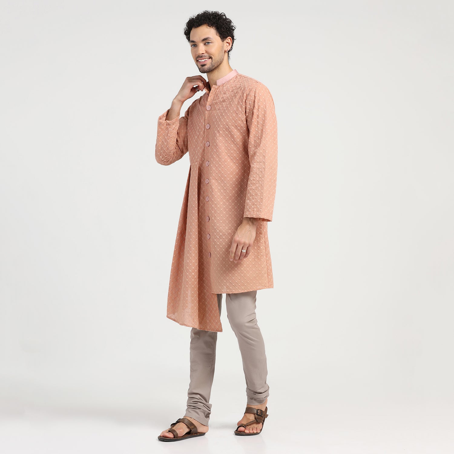 Peach Schiffle Pleated Kurta for Men-1