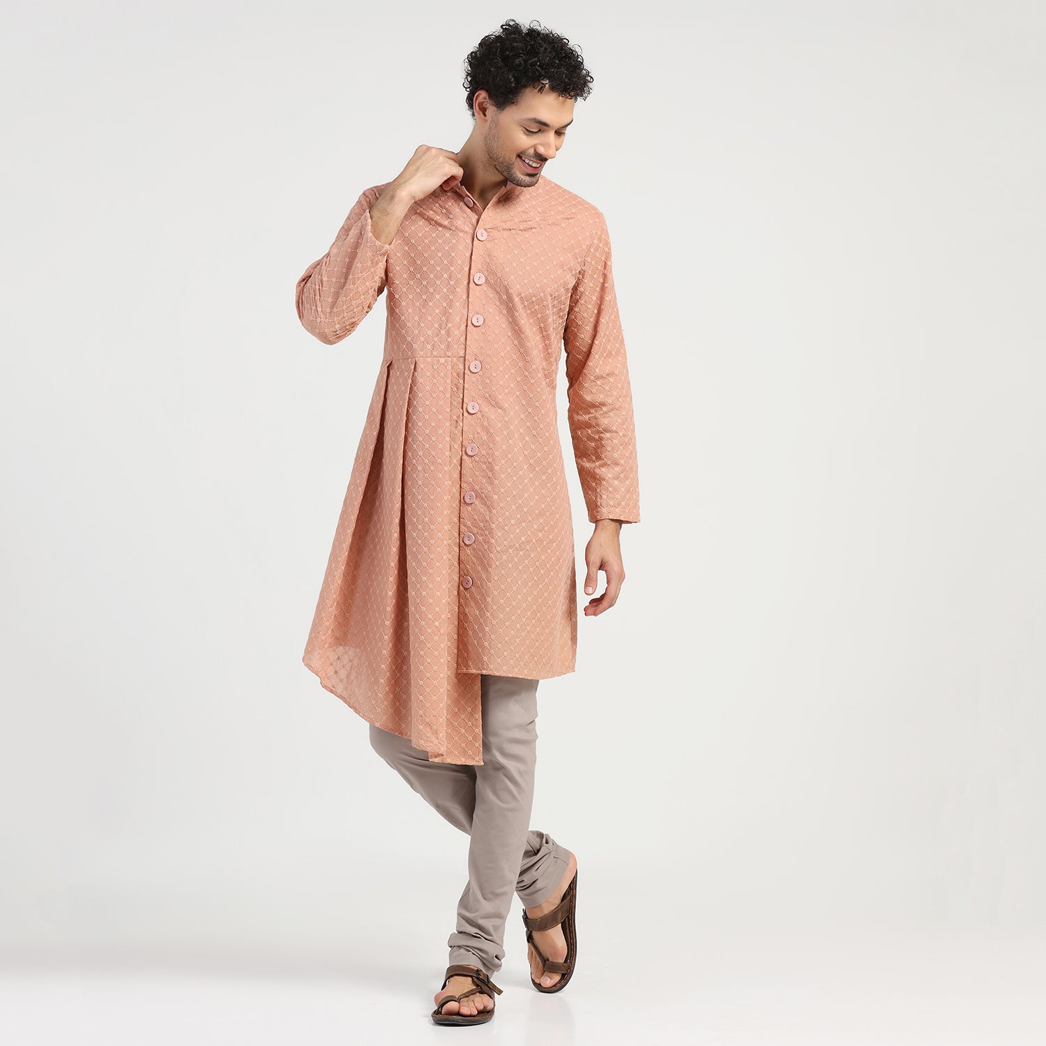 Peach Schiffle Pleated Kurta for Men-2