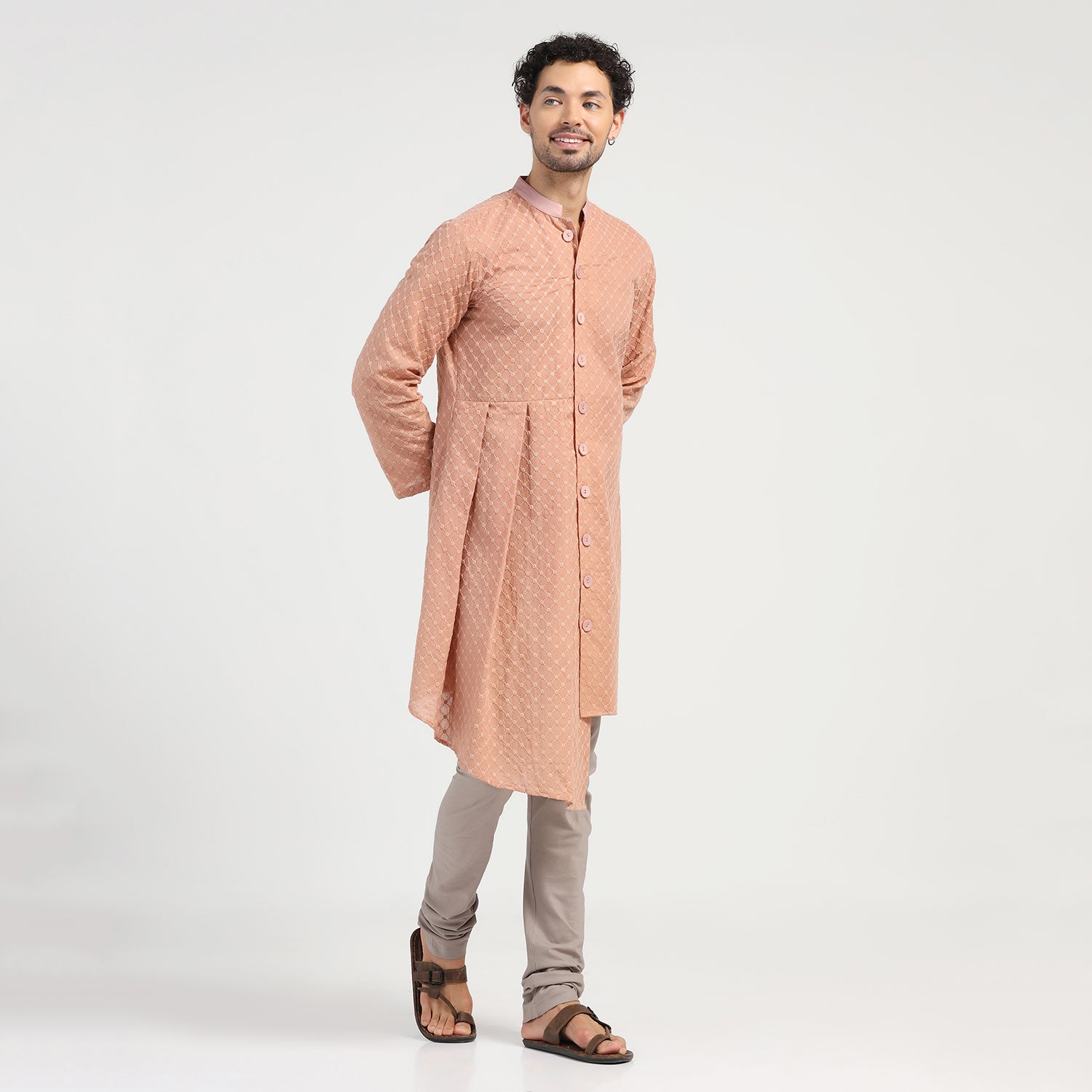 Peach Schiffle Pleated Kurta for Men-5