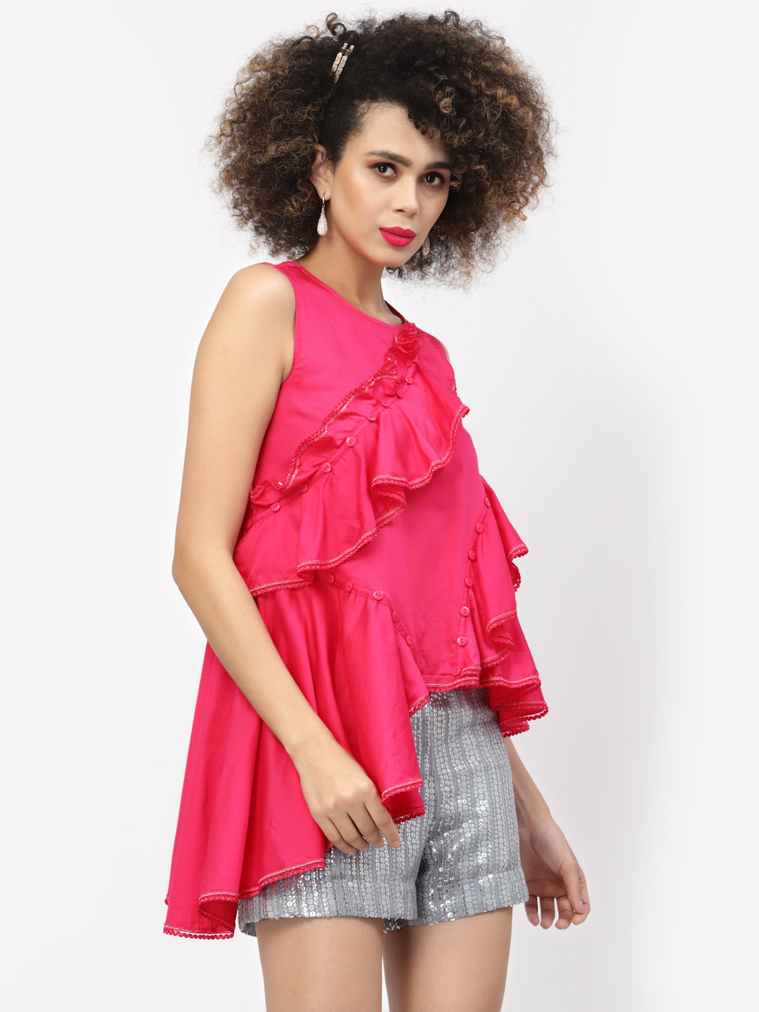 Pink Ruffle Top With Buttons & Lace, tops for women, crop top, crop tops for women, organza tops