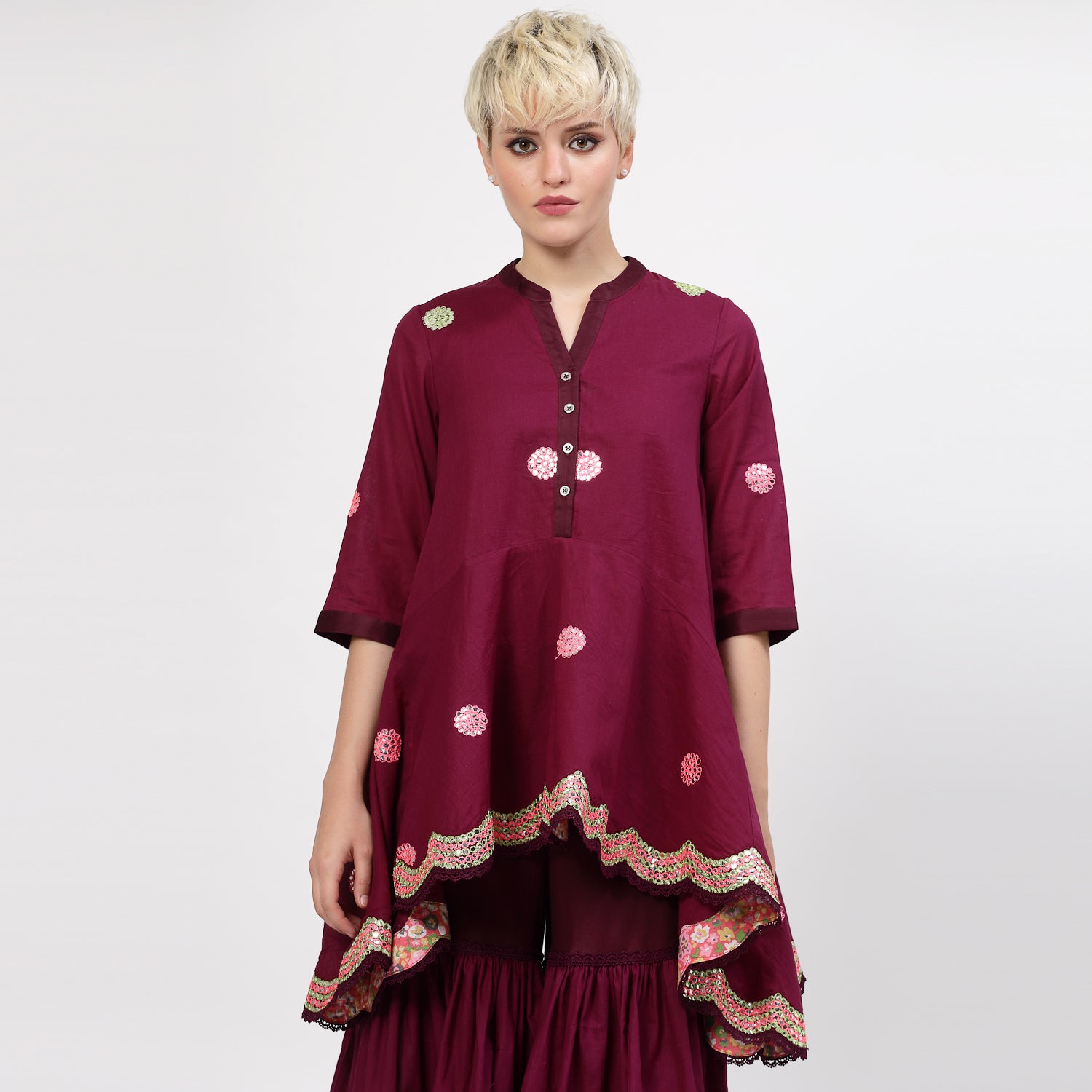 Purple Cotton Asymmetrical Top With Mirror Embroidery