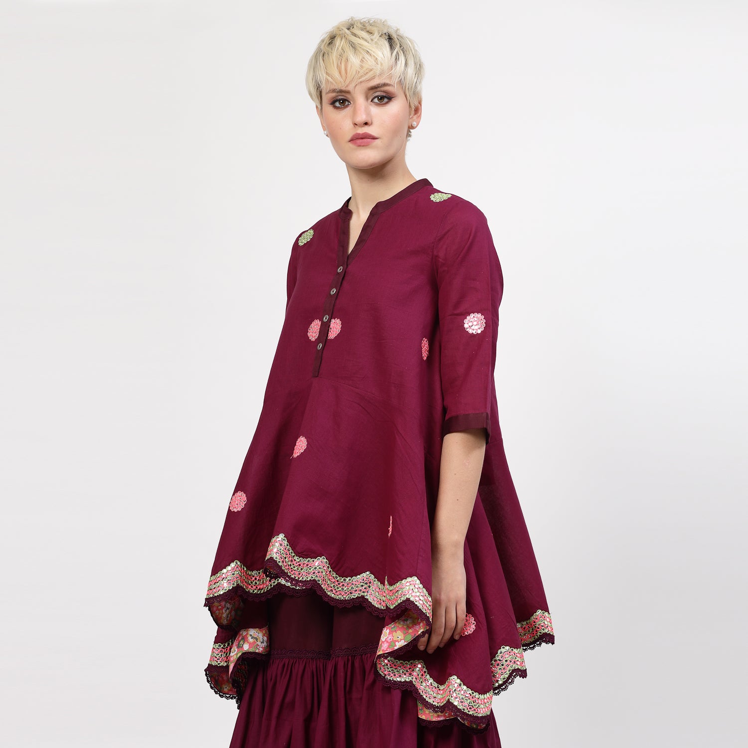 Purple Cotton Asymmetrical Top With Mirror Embroidery, tops for women, crop top, crop tops for women, organza tops