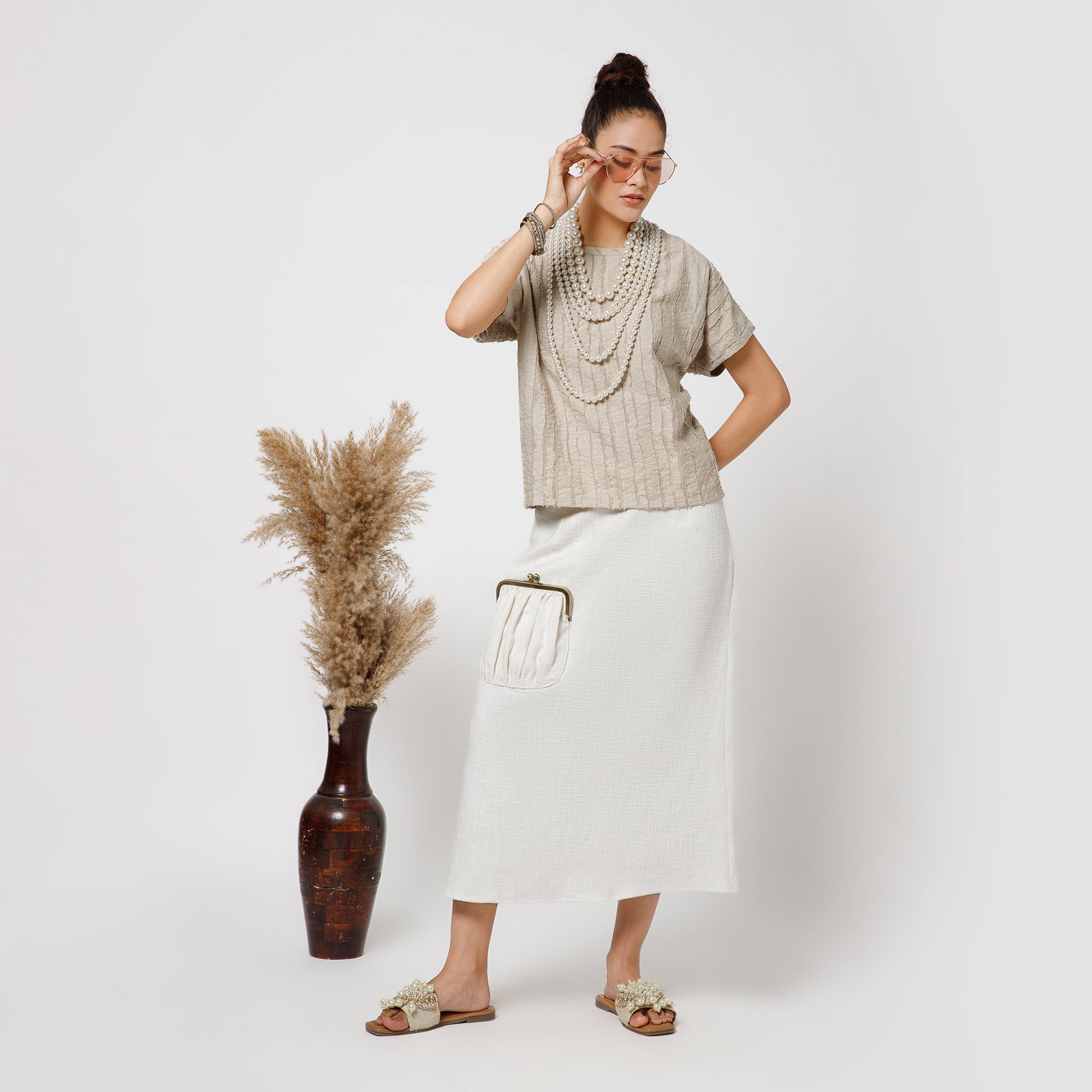 Off White Jute Clutch Pocket Skirt