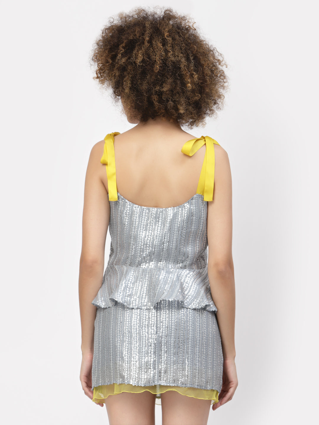 Silver Sequins Peplum Top With Yellow Tie Knot, tops for women, crop top, crop tops for women, organza tops