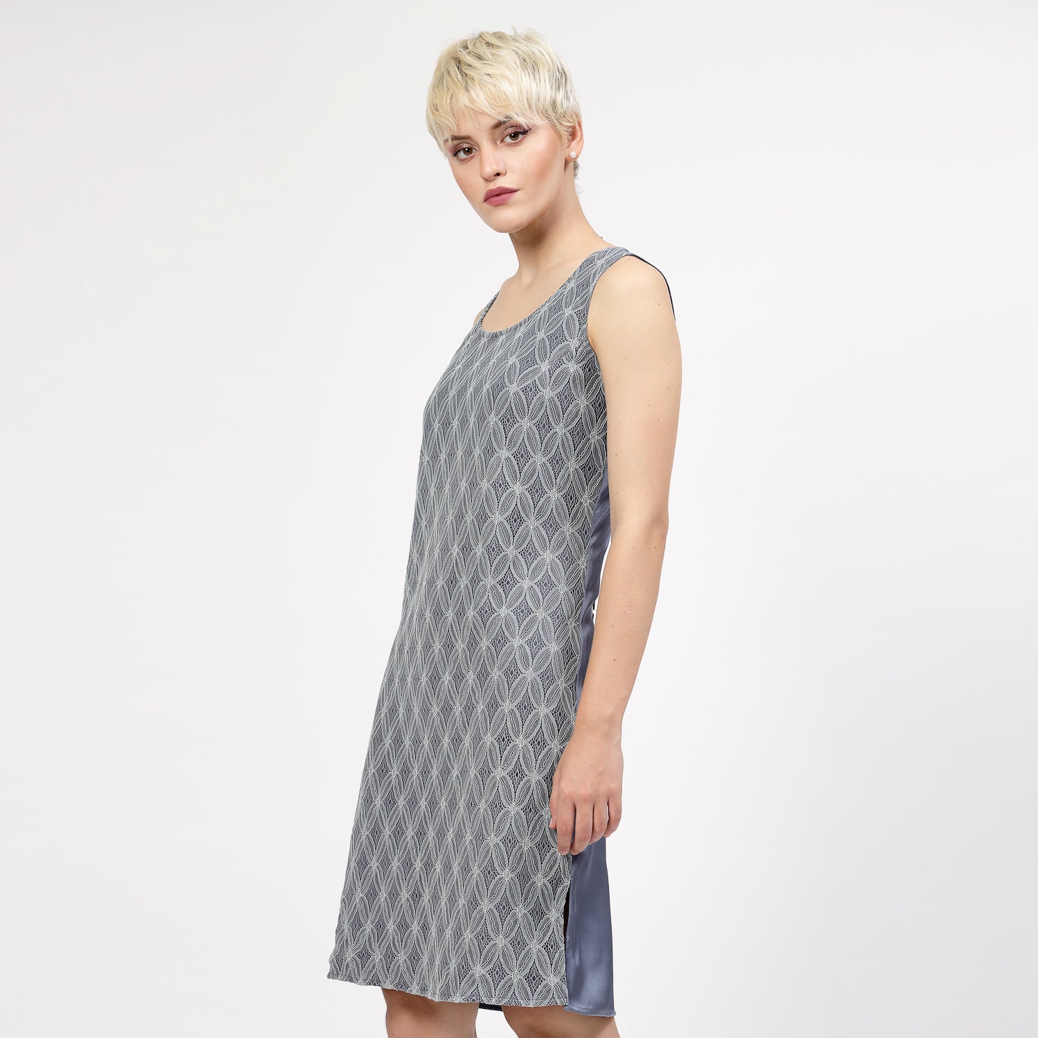 Stone Blue Sleeveless Dress With Lace Fabric, Mesh Dress , Party dress , Holographic print dress , sequins dress