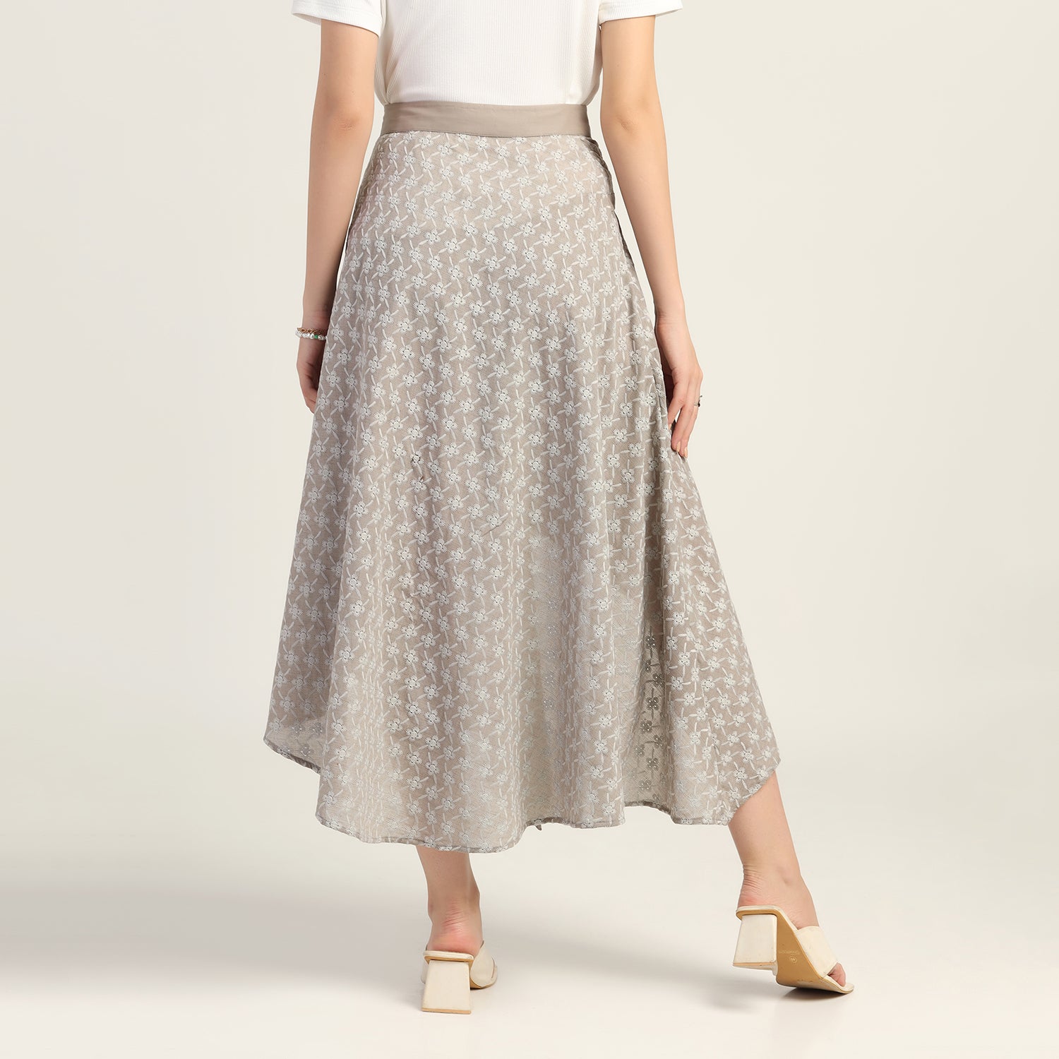 Taupe Schiffle Buckle Asymmetrical Skirt for Women-5