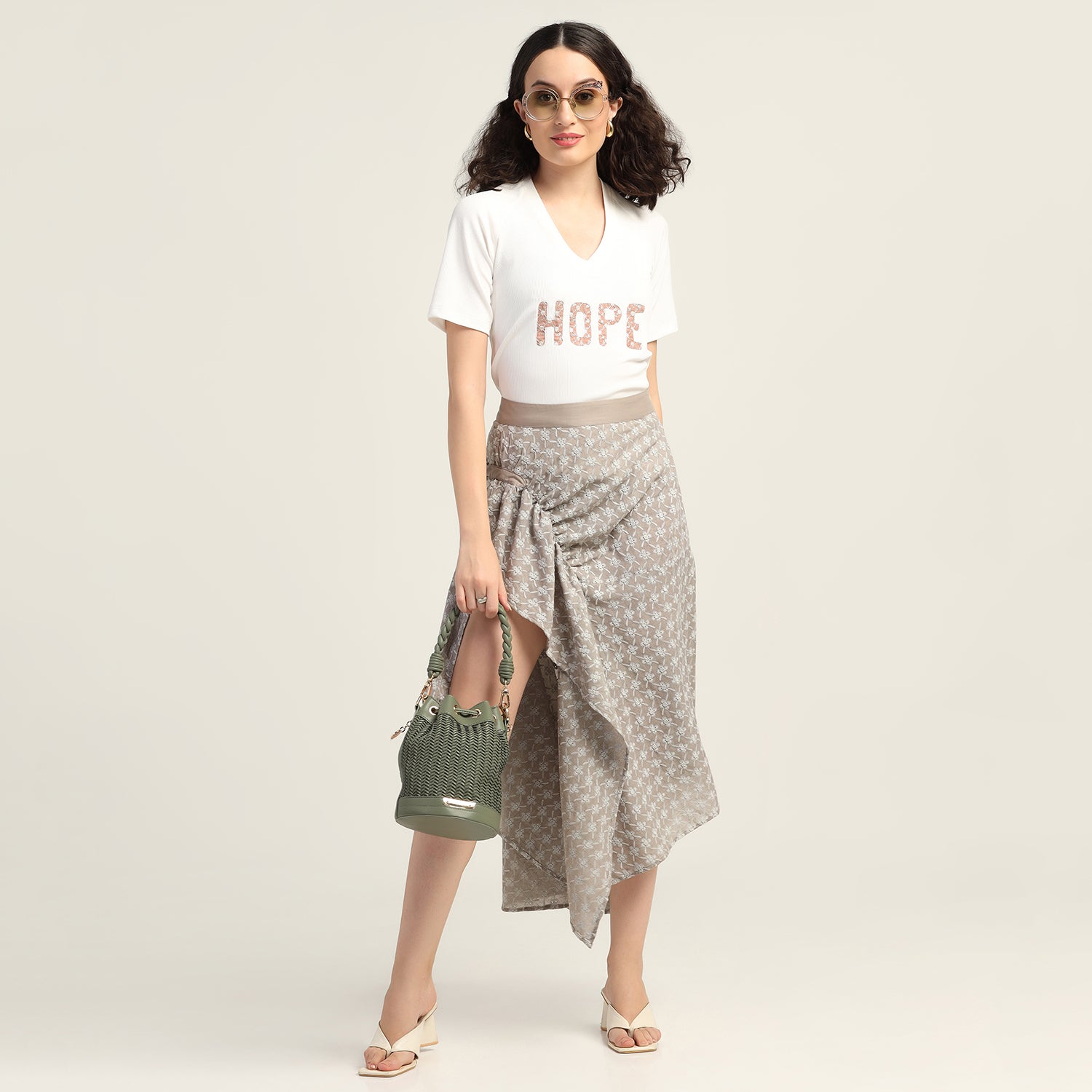 Taupe Schiffle Buckle Asymmetrical Skirt for Women-7