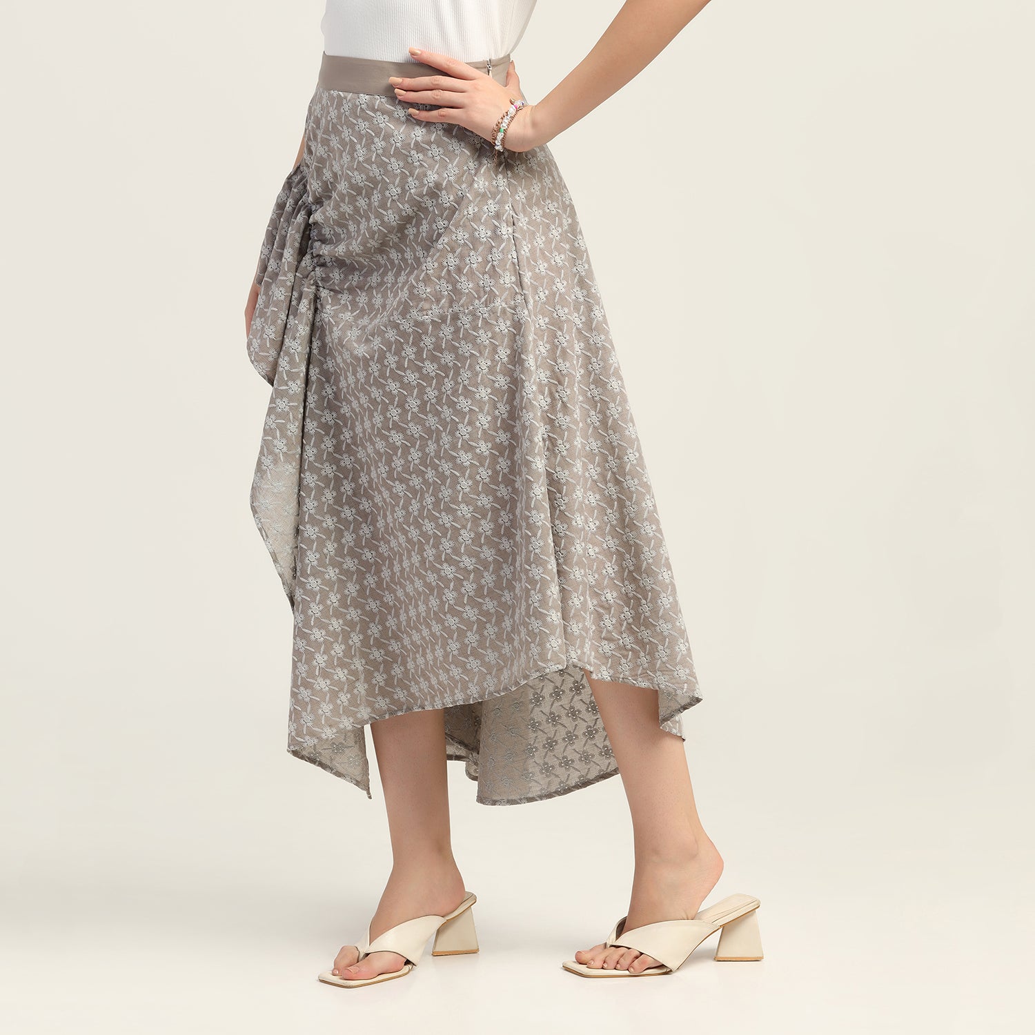 Taupe Schiffle Buckle Asymmetrical Skirt for Women-2