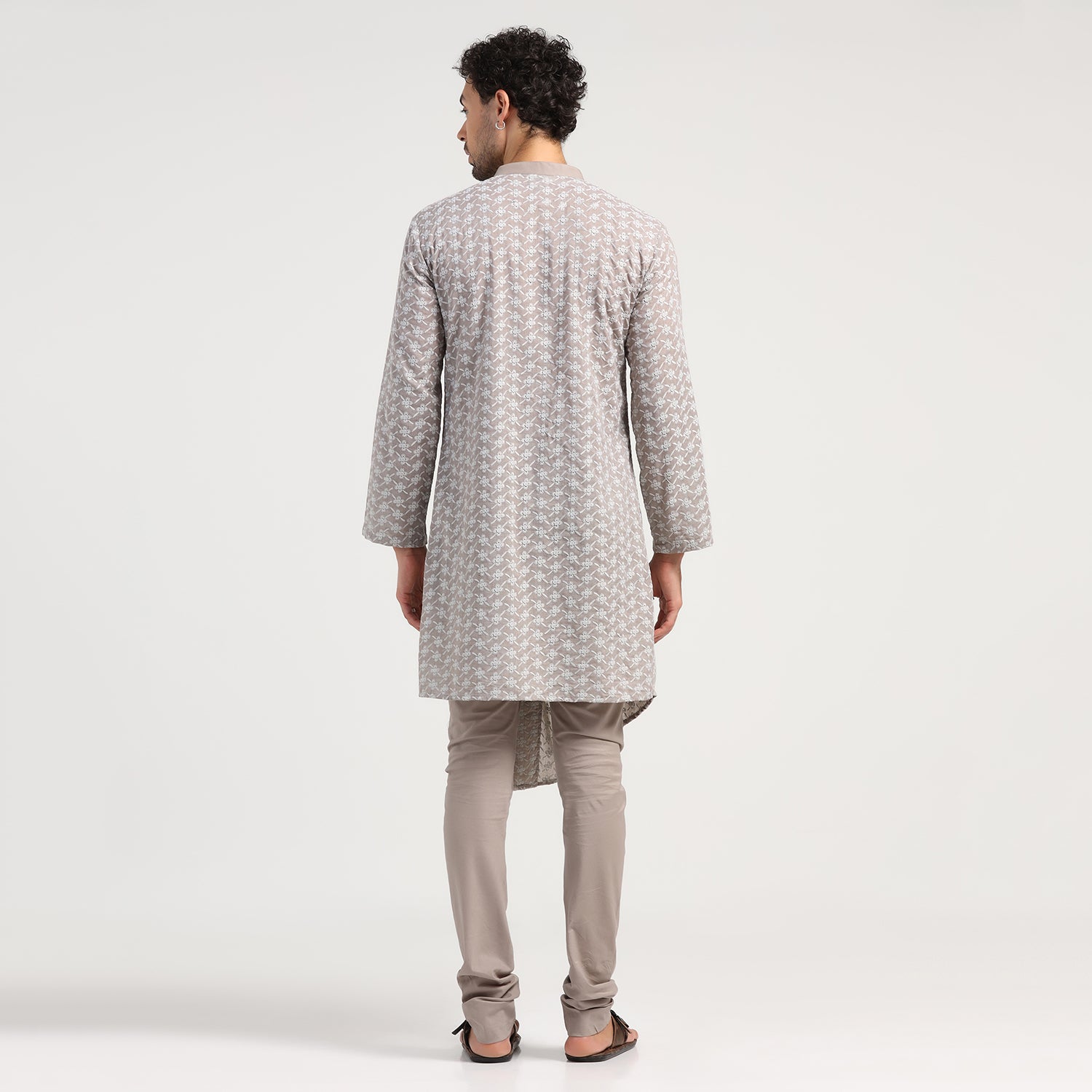 Taupe Schiffle Pleated Kurta for Men-5